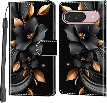 Case Wallet for Google Pixel 9 5G/Pixel 9 Pro, [Kickstand] 3 Card Holder Stand [Shockproof TPU Interior Shell], PU Leather Magnetic Protective Flip Cover 6.3", Black Flower