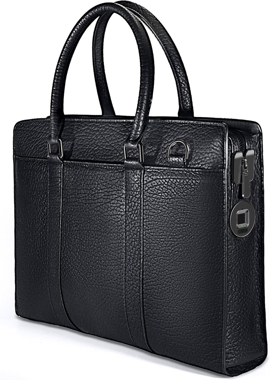 Men's Leather Briefcase with Fingerprint Lock - Anti-Theft Crossbody Messenger Bag with Find My,Premium Elephant Grain Leather, Adjustable Strap