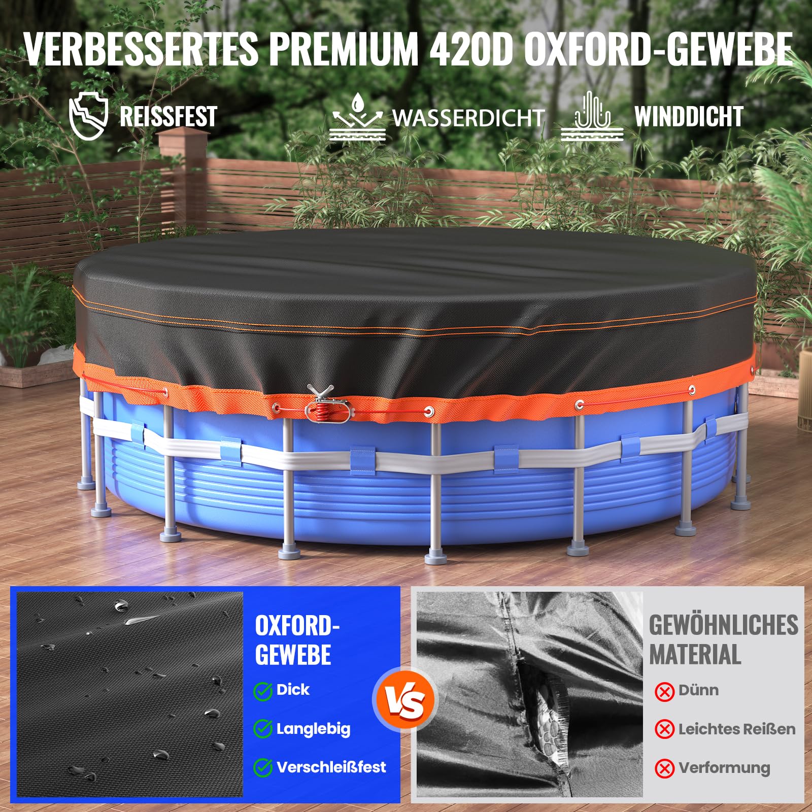 Poolabdeckung Rund 315cm, 10ft Poolabdeckung mit Kordelzug Whirlpool Abdeckung Schwimmbad Lagertank Abdeckplane, Wasserdicht Staubdicht Waschbar Oxford-Gewebe Stabilität Installation Schwarz