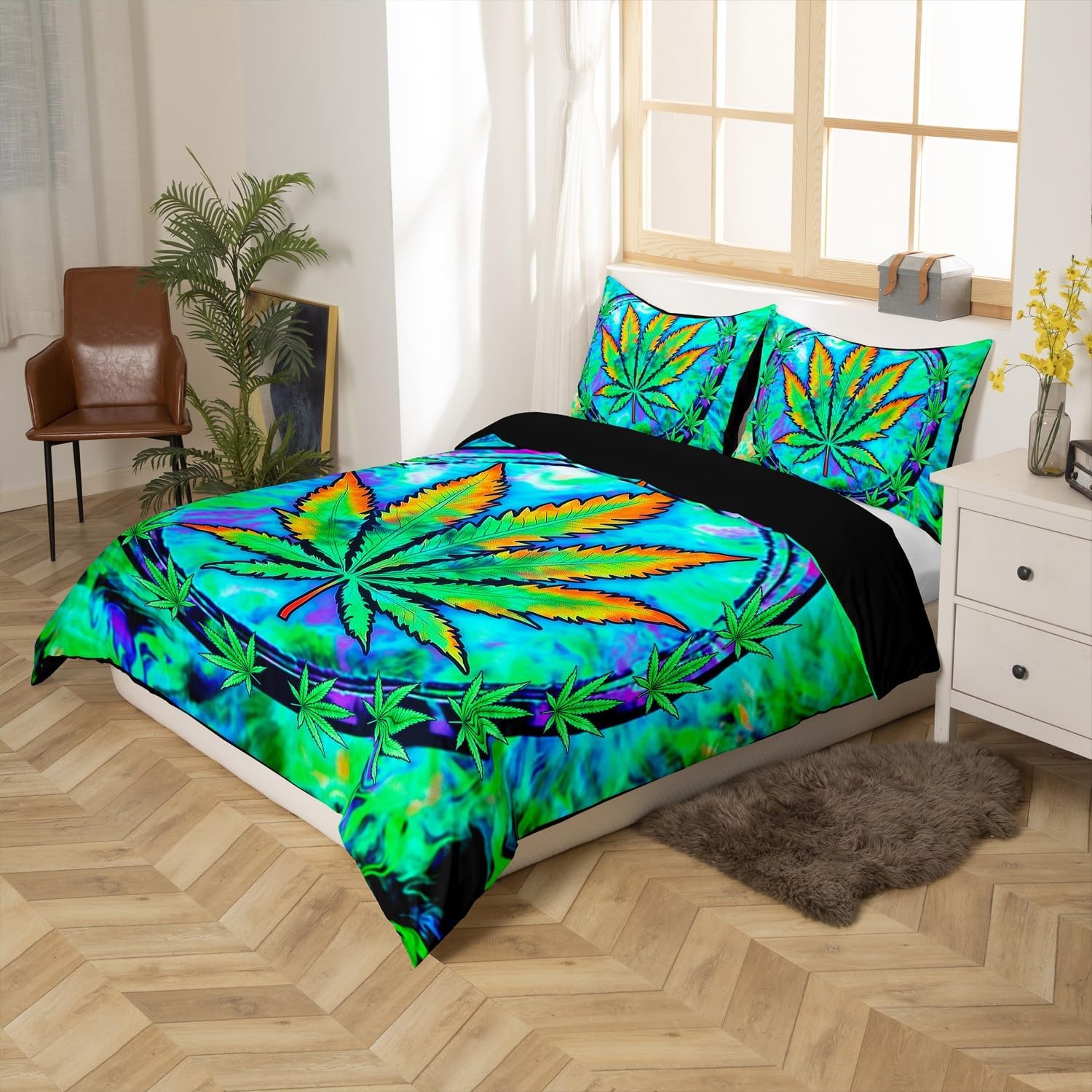 Cannabis Leaf Duvet Cover Set Full Size,Marijuana Weed Psychedelic Bedding Set,Boys Girls Room Deocr,Tie-dye Graffiti Trippy Comforter Cover,Blue Green Quilt Cover,2 Pillowcases(No Comforter)