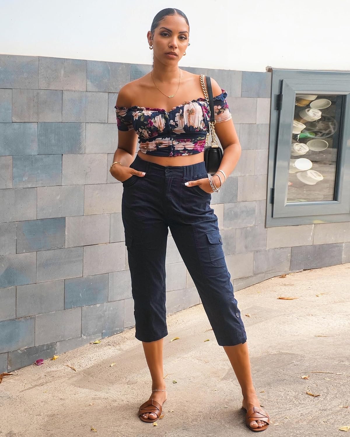 GRAPENT Cargo Capri Pants for Women High Waisted Relaxed Fit Elastic Knit Waist Casual Capris Trousers Cropped Pants - Image 5