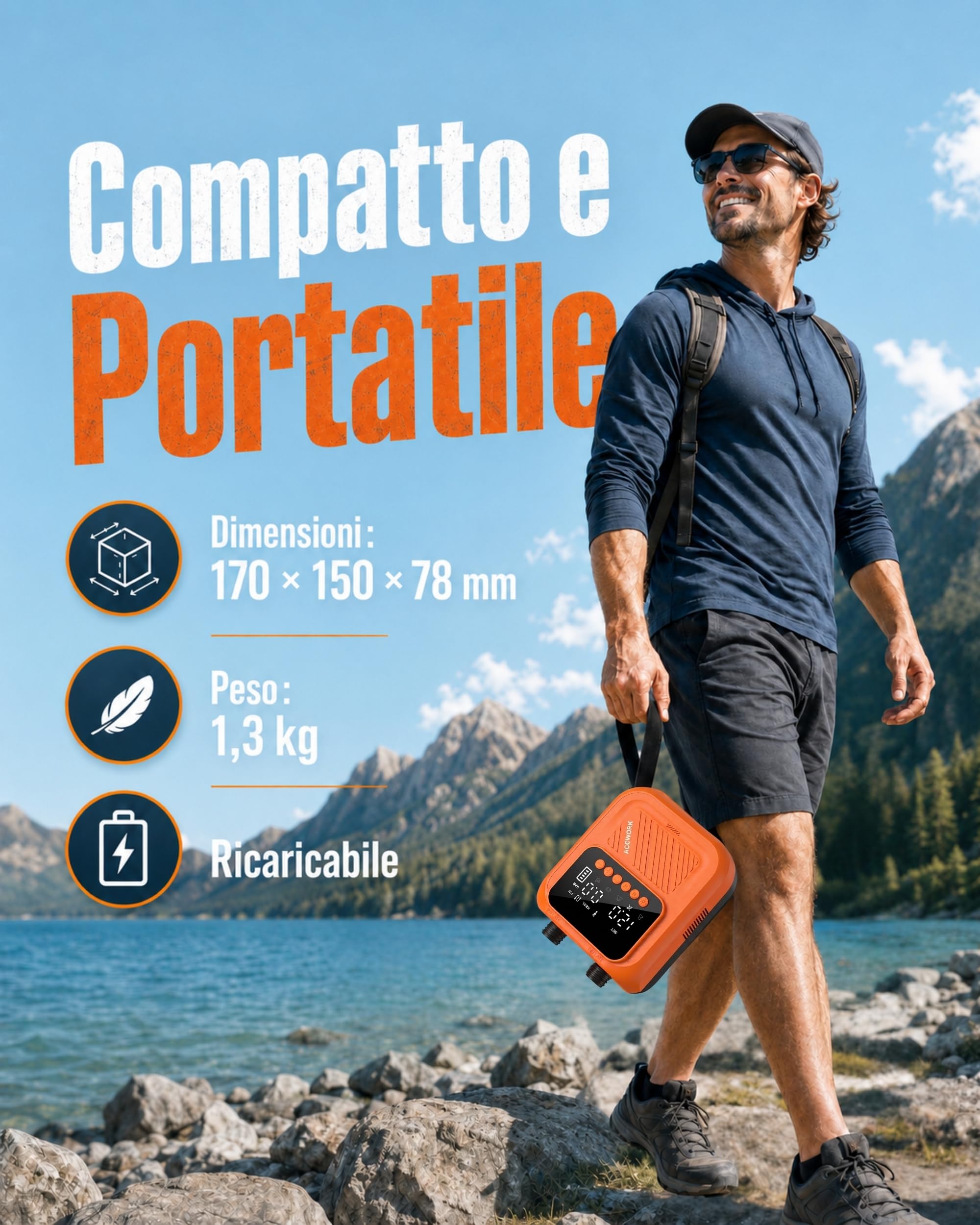 Accwork Pompa SUP Ricaricabile 20 Psi – Arresto Automatico, Gonfiare/Sgonfiare Pompa Batteria Elettrico Gonfiatore Materassi Gonfiabili, 7 Ugelli Per Sup, Canoa, Barca, Tenda, Kayak Gonfiabile