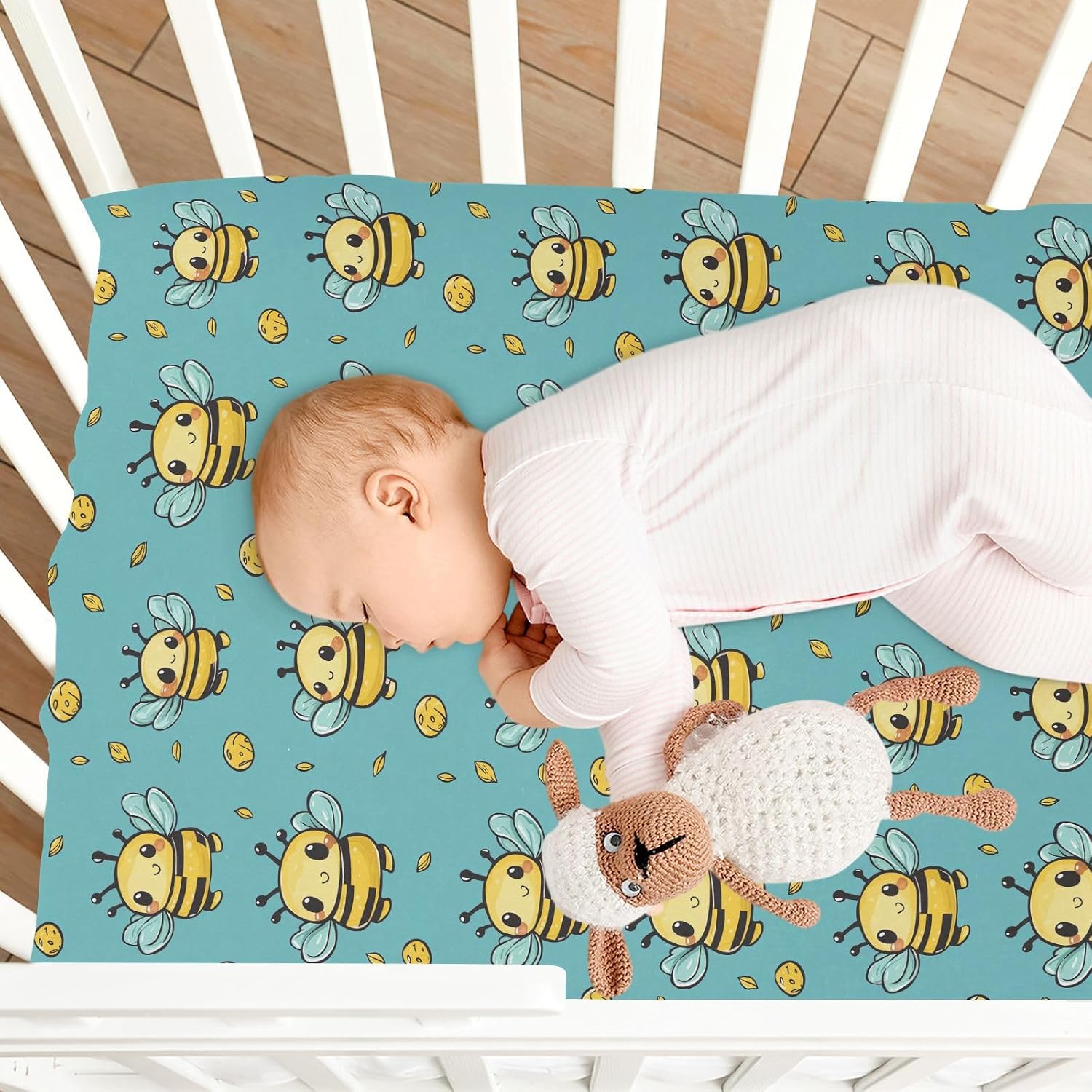 Cartoon Bee Holding Honey Pot Fitted Crib Sheets Stretchy Portable Playard Sheets for Baby Toddler, Breathable Soft Mini Crib Mattress 52 x 28 in for Boys and Girls