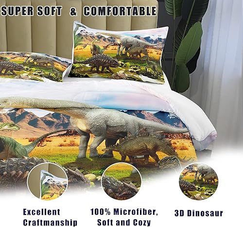 Miniatura 4 de Bodhi Juego de ropa de cama de dinosaurio de tamaño matrimonial para niños adolescentes, edredón para niños con fundas de almohada, decoración de