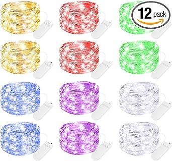 Brightown 12 Pack Multi Color Led Fairy Lights Battery Operated String Lights Waterproof Silver Wire 7 Feet 20 Led Firefly Starry Moon Lights for DIY Wedding Party Bedroom Patio Christmas