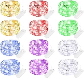 Brightown 12 Pack Multi Color Led Fairy Lights Battery Operated String Lights Waterproof Silver Wire 7 Feet 20 Led Firefly Starry Moon Lights for DIY Wedding Party Bedroom Patio Christmas
