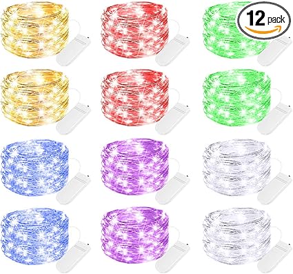 Brightown 12 Pack Multi Color Led Fairy Lights Battery Operated String Lights Waterproof Silver Wire 7 Feet 20 Led Firefly Starry Moon Lights for DIY Wedding Party Bedroom Patio Christmas