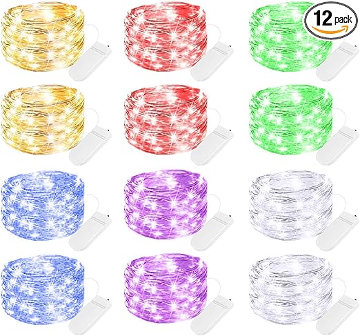 Brightown 12 Pack Multi Color Led Fairy Lights Battery Operated String Lights Waterproof Silver Wire 7 Feet 20 Led Firefly Starry Moon Lights for DIY Wedding Party Bedroom Patio Christmas
