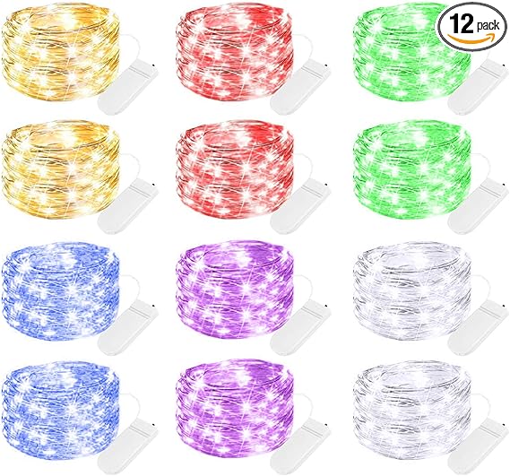 Brightown 12 Pack Multi Color Led Fairy Lights Battery Operated String Lights Waterproof Silver Wire 7 Feet 20 Led Firefly Starry Moon Lights for DIY Wedding Party Bedroom Patio Christmas