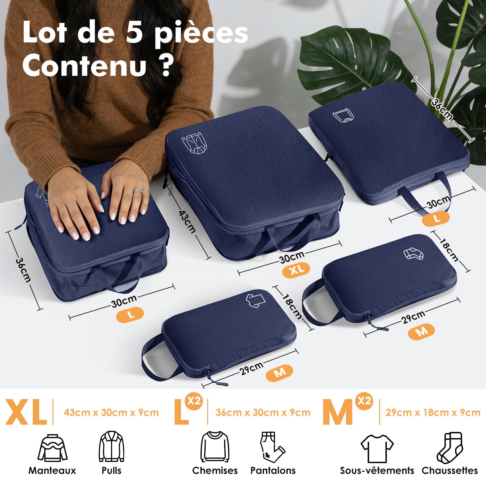 Organisateur Valise Sac Compression Voyage,Organisateur de Voyage Nylon Packing Cubes Compression,Rangement Valise Bagage Sac Compression pour Sac à Dos Bleu Marine