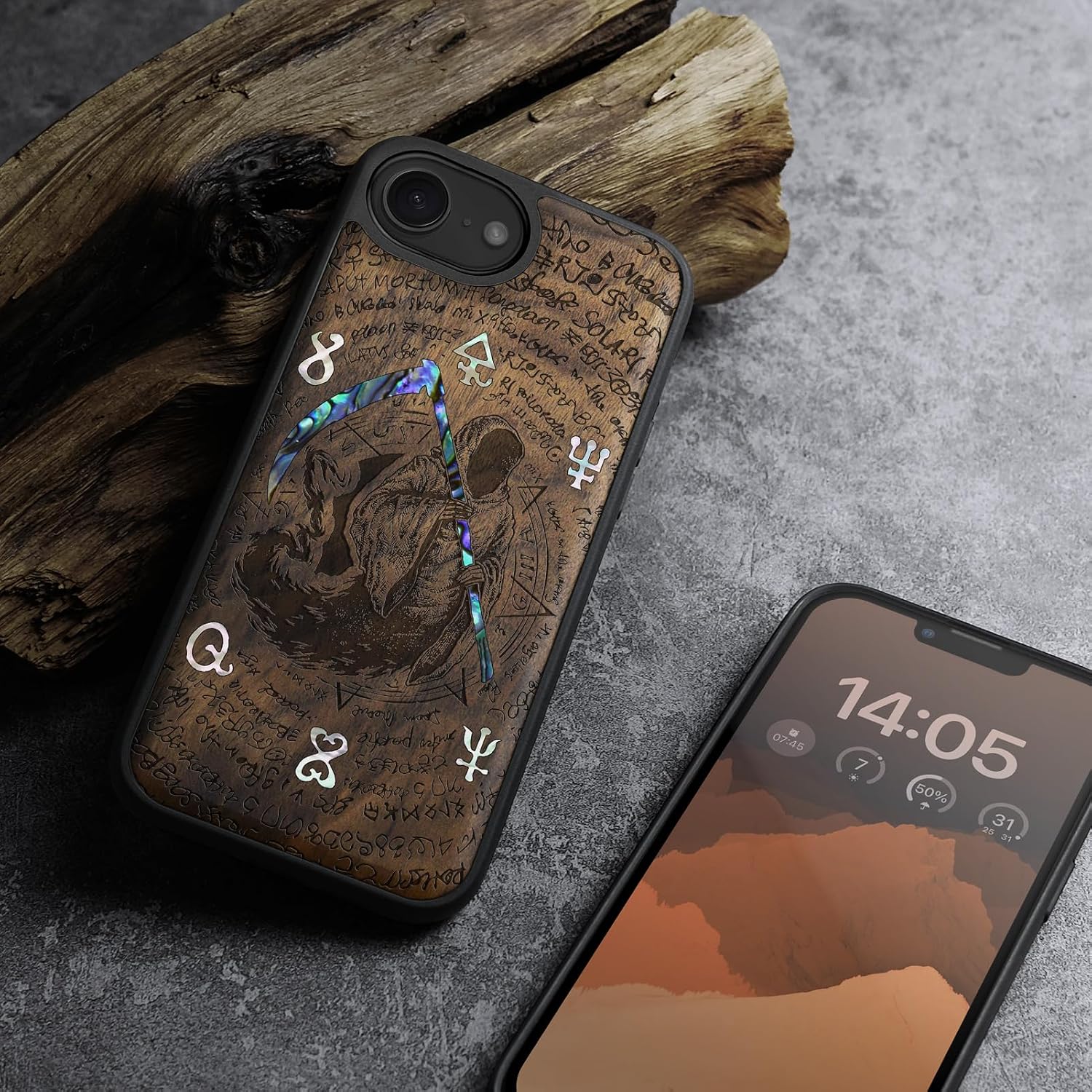 Carveit Magnetic Wooden Case for iPhone 16e / 17e, Wood Artisan Engraved & Handmade Shell Inlaid, TPU Shockproof Cover, Compatible with MagSafe Wireless Chargers, Grim Reaper of Carved - Walnut