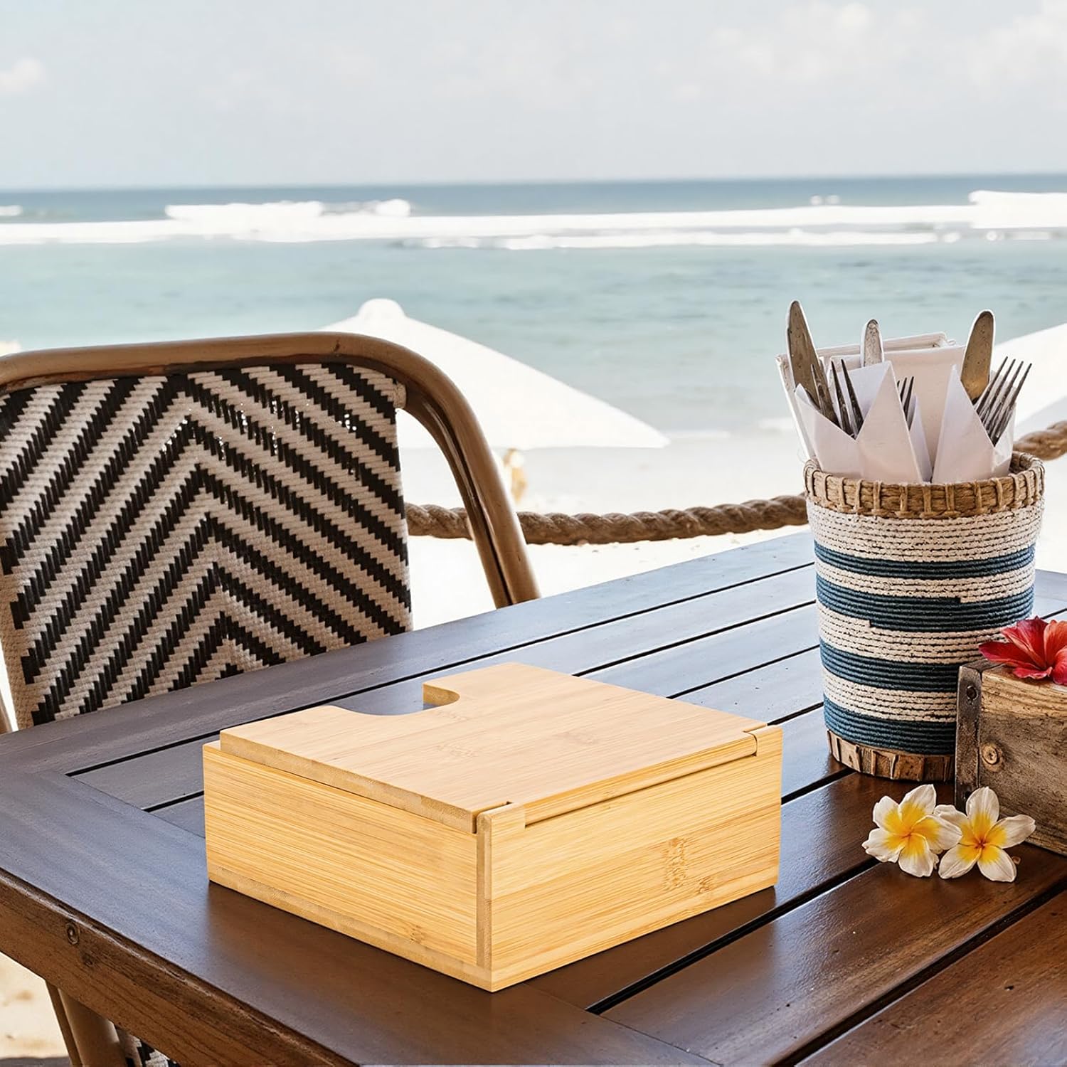 Flat Napkin Holder for Table with Lid 13"x13", Large Modern Square Paper Napkin Holder for Dining Dinner Kitchen Cocktail Farmhouse Outdoor, Porta Servilletas de Mesa Elegantes (Bamboo)