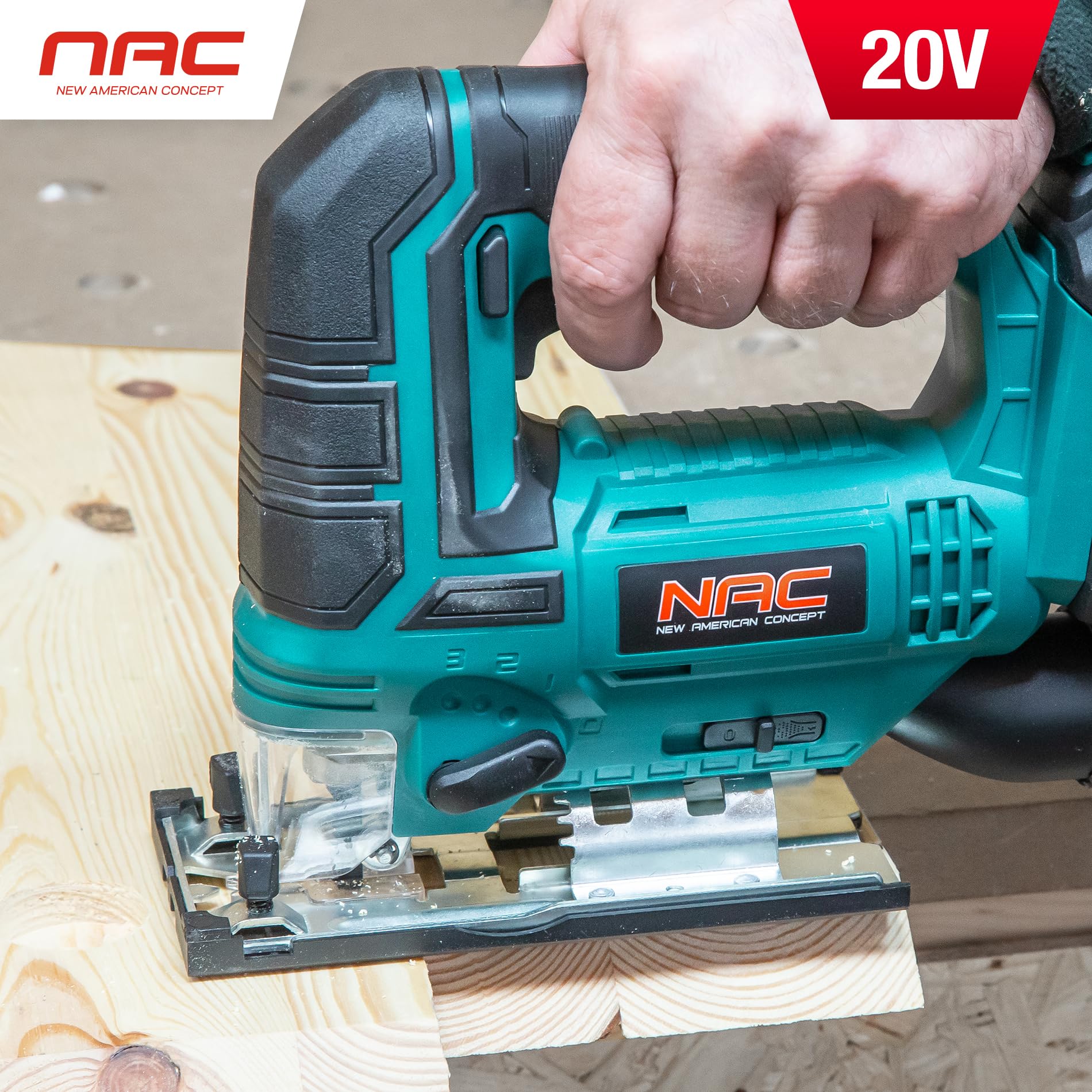 NAC Caladora Batería 20 V, Kit 2 Ah, Corte 80 mm | Sierra de calar, caladoras para madera, 0-2700 rpm, ángulo 0-45°, sistema T, guía lateral