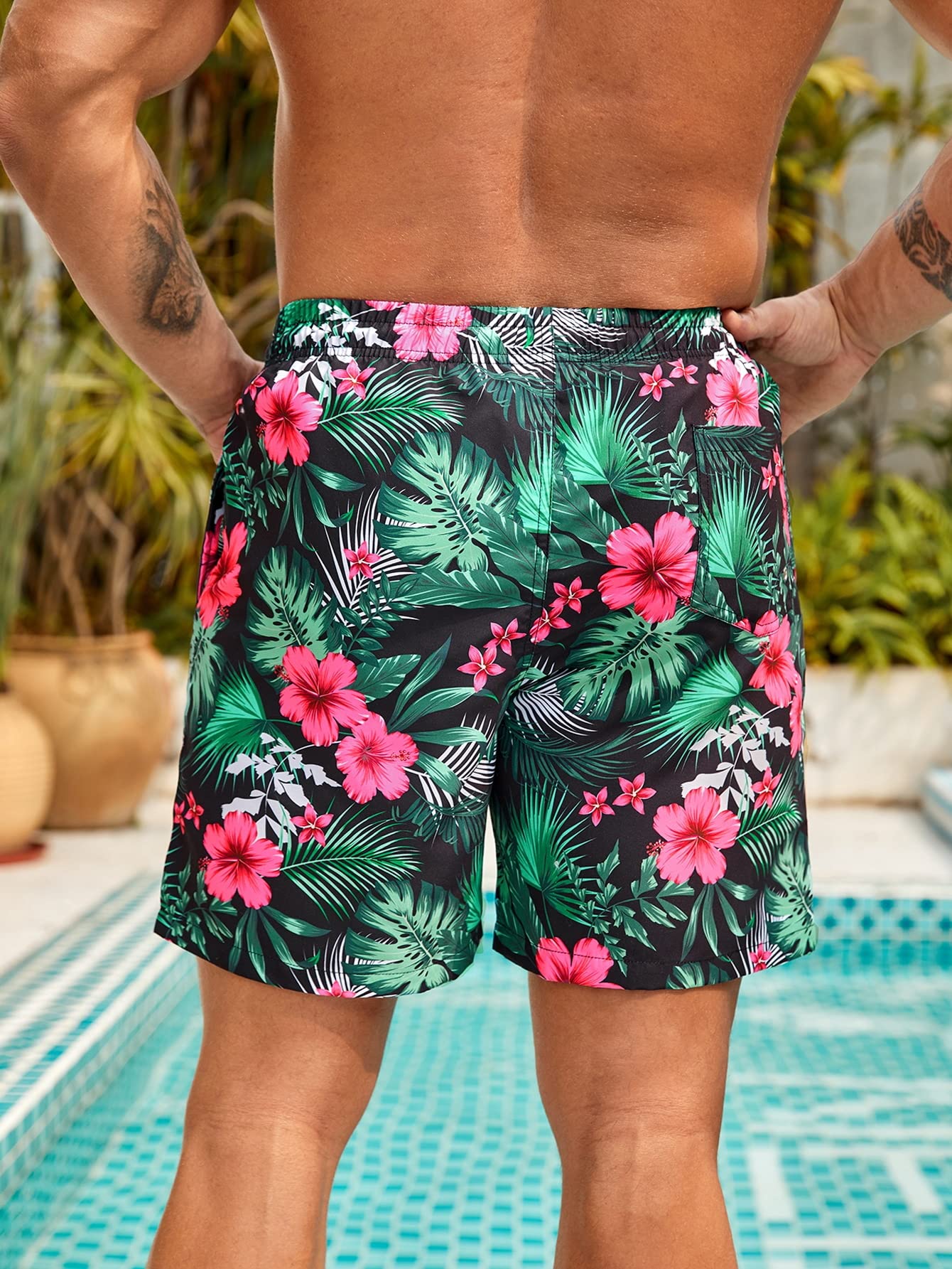 BEAUDRM Men's Tropical Print Swim Trunks Drawstring Elastic Waist Hawaiian Beach Shorts with Pockets Multicolor Medium
