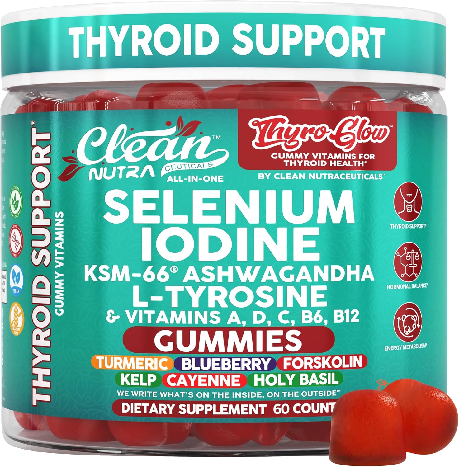 ThyroGlow Thyroid Support Gummies Selenium Iodine KSM 66 Ashwagandha L Tyrosine Vitamin D, C, B12, B6 Turmeric Blueberry Holy Basil Folate Bladderwrack By Clean Nutra