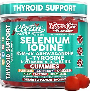 ThyroGlow Thyroid Support Gummies Selenium Iodine KSM 66 Ashwagandha L Tyrosine Vitamin D, C, B12, B6 Turmeric Blueberry Holy Basil Folate Bladderwrack by Clean Nutra