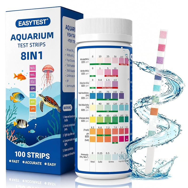 Kit de Teste de Água para Aquário EASYTEST 8 em 1 com Amônia, 100 Tiras