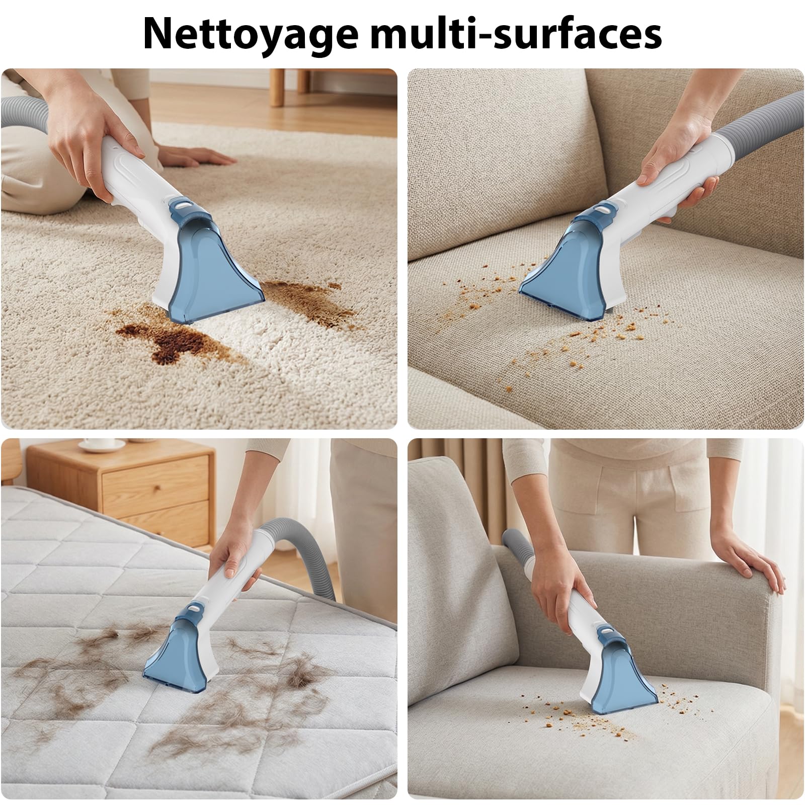 Aspirateur Nettoyeur Portable 430W 15KPa, Shampouineuse Canapé avec Double Réservoir 0,6L, Fonction Autonettoyante, Brosse Large & Petite, pour Tissus, Cuir, Moquette, Coussins, Intérieur Voiture
