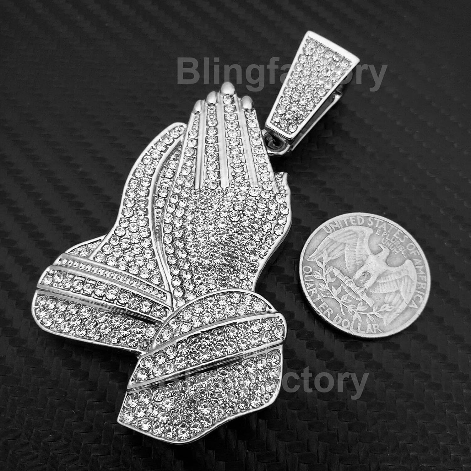 Hip Hop White Gold Plated Praying Hands Large Pendant & 20" 30" Iced 4 Row Tennis Chain Bling Necklace