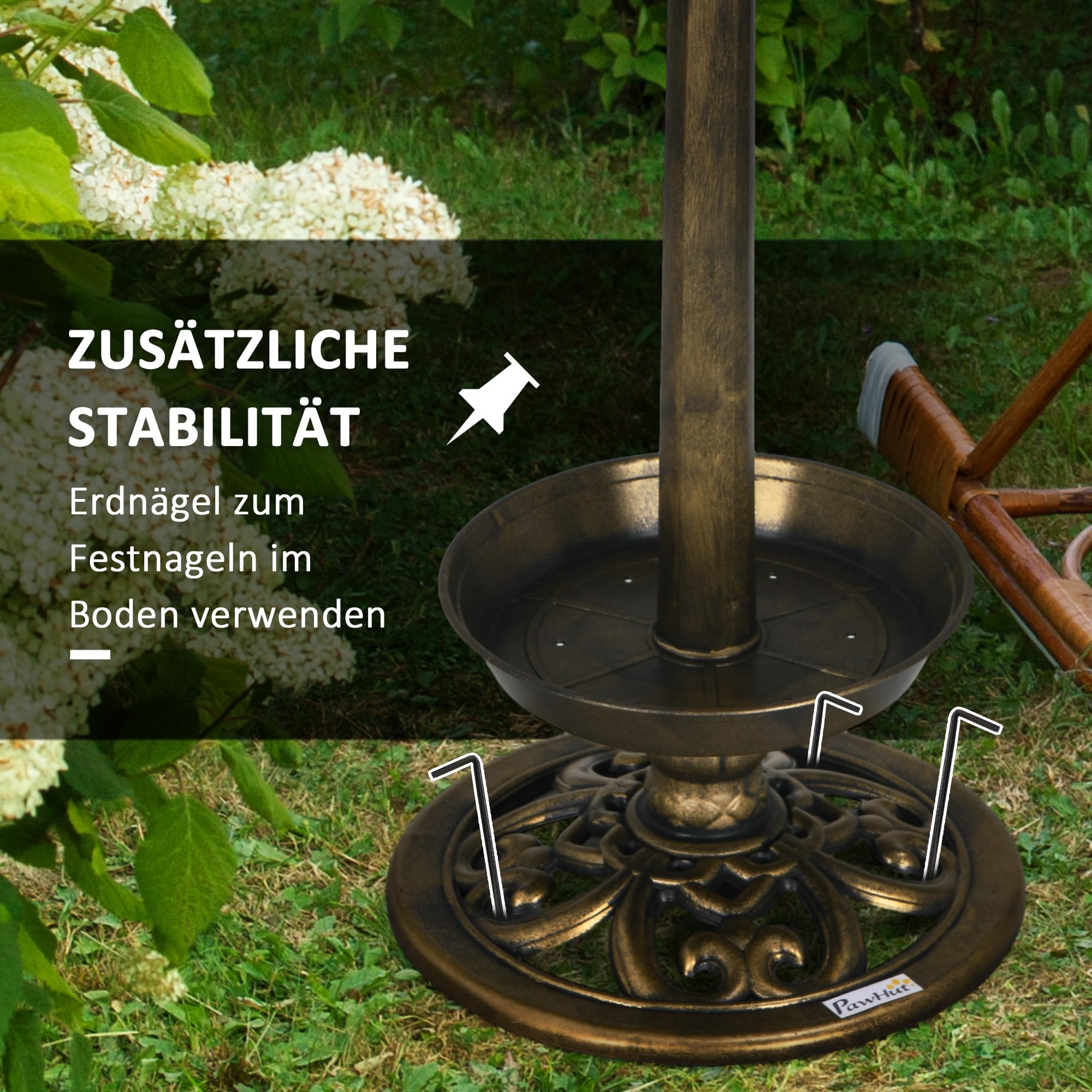Outsunny Vogeltränke Stehend, Vogelbad aus Kunststoff mit Solarleuchte, Vogelfutterspender, Vogelbecken mit Blumensockel, Wildvogeltränke für Garten, Balkon, 110 cm Höhe, Bronze