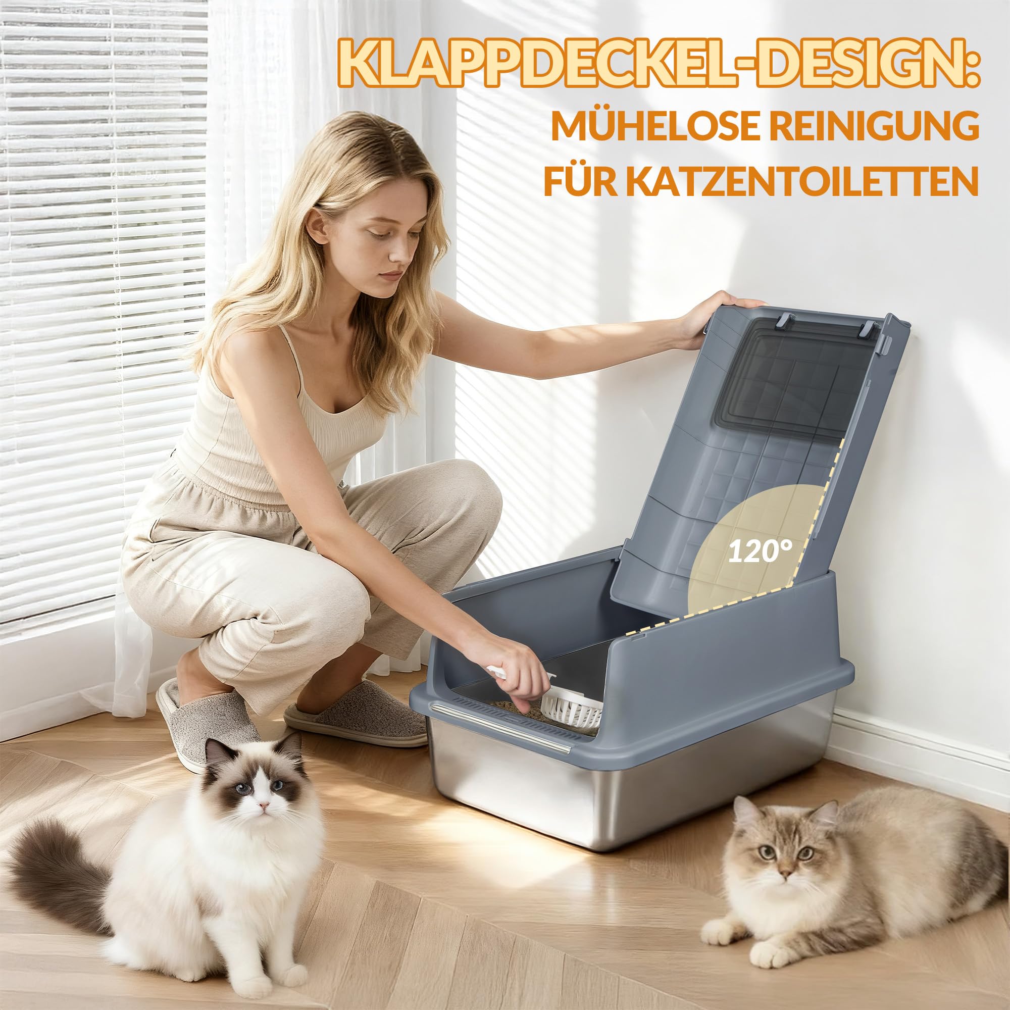 Edelstahl-Katzenklo mit Deckel, XXL Geschlossene Metall-Katzenklo, Katzentoiletten mit Schaufel und Fußstufe, Herausnehmbar, 120° Klappdeckel, Leicht zu Reinigen, Dunkelgrau, FPLB001SG2