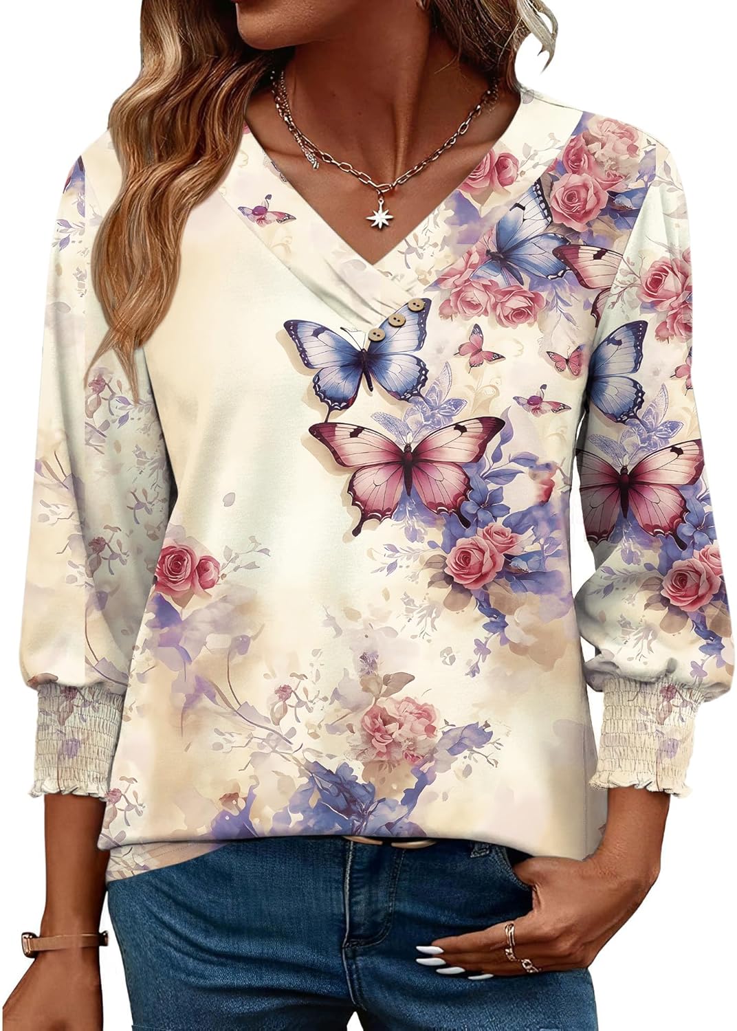 LOMON Blouses for Women Dressy Casual 3/4 Length Sleeve Womens Tops with Buttons Decor - Image 2