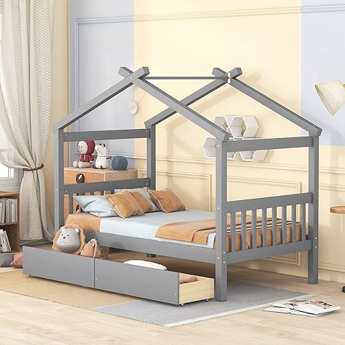 Cama de casa de tamaño individual con 2 cajones de almacenamiento de madera para niños, marco de cama Montessori, casa de juegos de madera, tienda
