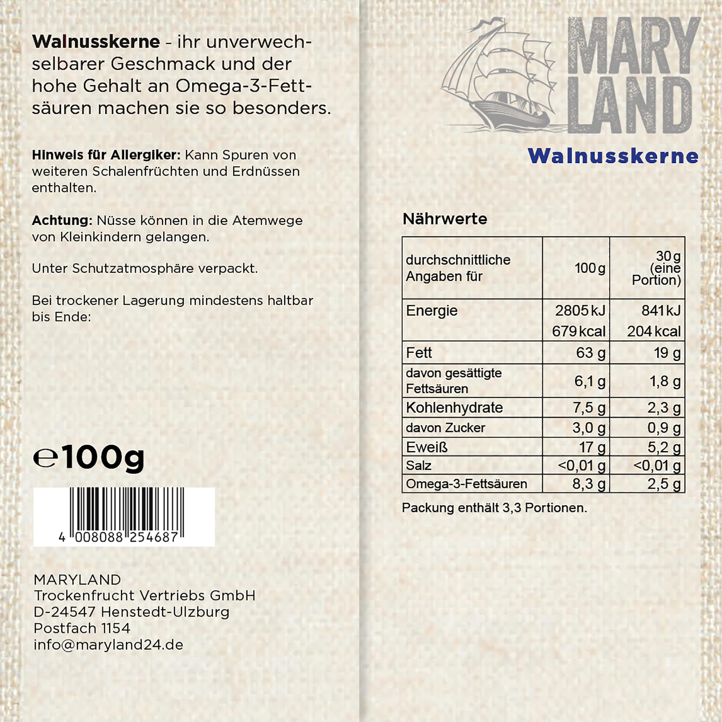 Maryland Walnusskerne 100g Beutel 10er Pack – Walnusskerne naturbelassen, vegan, frei von künstlichen Aromen, ohne Zusatzstoffe – Im praktischen Format genießen (10 x 100g)