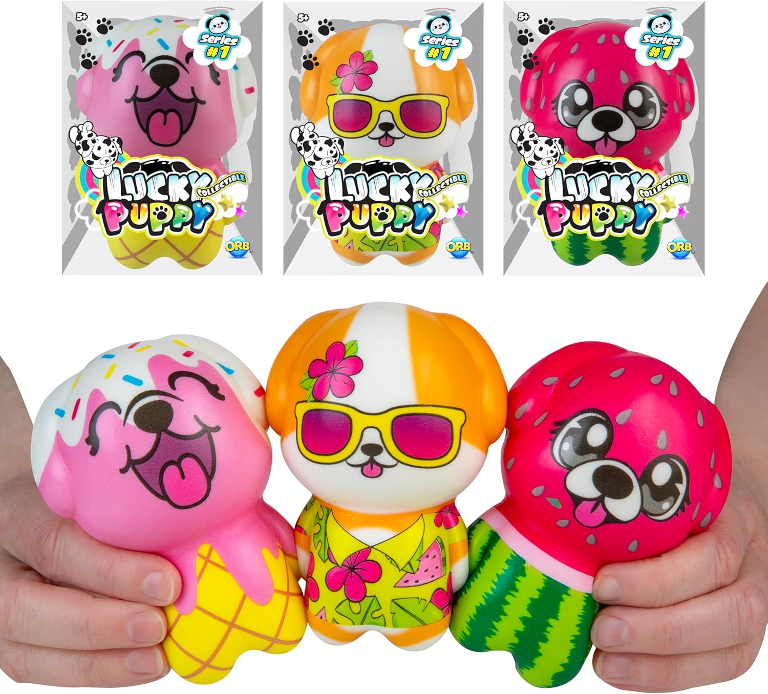 ORB Lucky Puppy Blind Box Jumbo Squishies Assorted 3 Pack - Collectible Series 1 - Extra Soft, Slow Rising, Kawaii Foam Dog Squishy Toys - Cute, Uniquely Designed Fidget Squishies for Kids and Adults