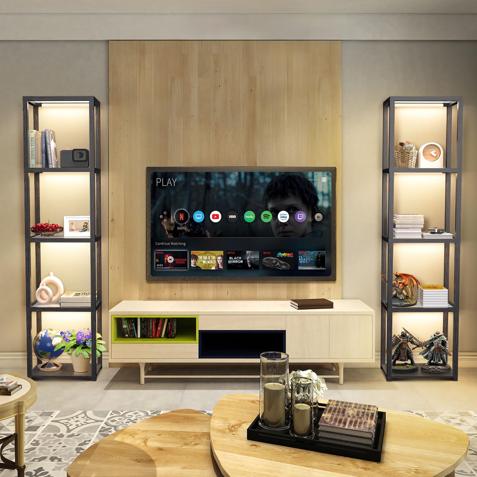 OUTON 170cm Vetrina in Vetro con Luci, Lampada da Terra a LED Dimmerabile con Telecomando e Controllo via App, Libreria Aperta per Oggetti da Collezione per Soggiorno e Camera da Letto, Nera