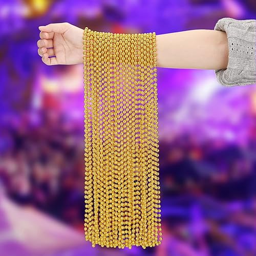 Miniatura 3 de Junkin Collar de 24 cuentas metálicas de 33 pulgadas, 0.276in, guirnalda de cuentas redondas de Mardi Gras, disfraz de collar amarillo para boda,