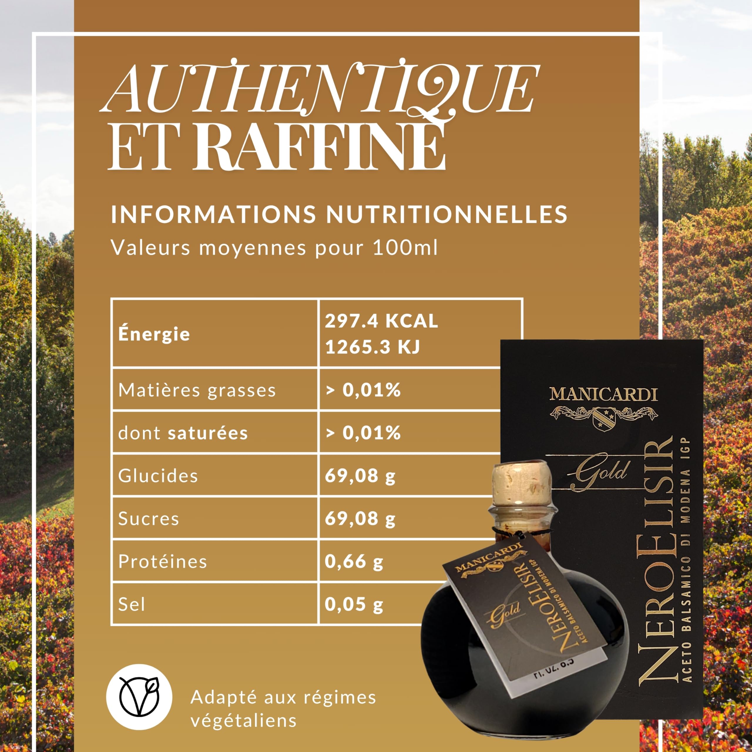 MANICARDI Vinaigre Balsamique de Modène IGP Nero Elisir Gold - Produit Italien avec bec verseur anti-goutte - Dense, parfait pour fromages, légumes, viandes rôties, fraises et glace, 250 ml