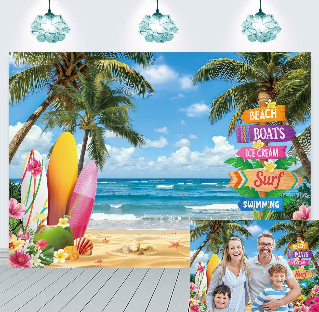 Summer Beach Backdrop Hawaiian Tropical Flowers Palm Leaves Surfboard Photography Background Summer Birthday Party Decorations Banner Photo Studio Props (10x8FT)