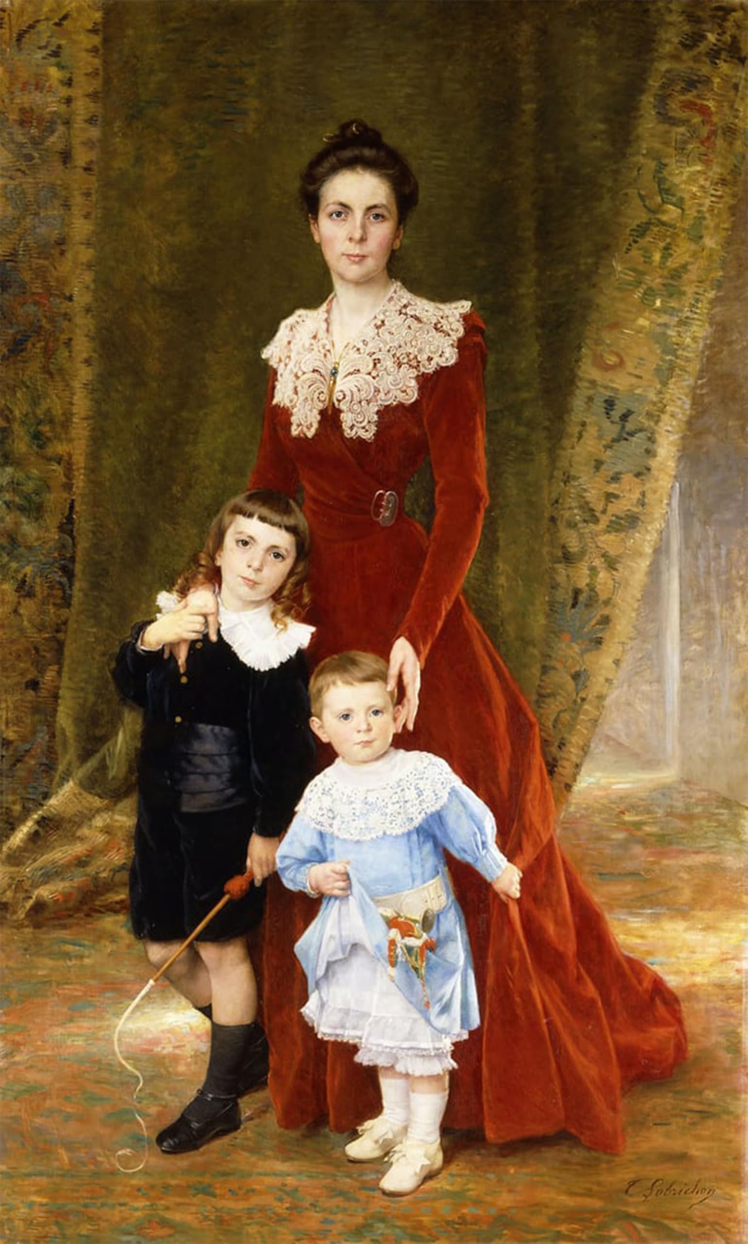 SERENDIPITP Abstract Painting Mural Print Picture Wall Decor Painting Portrait of a Lady Standing with Her Children by Timoleon Marie Lobrichon Vintage Wall Artwork for Home Decor 60x90cm