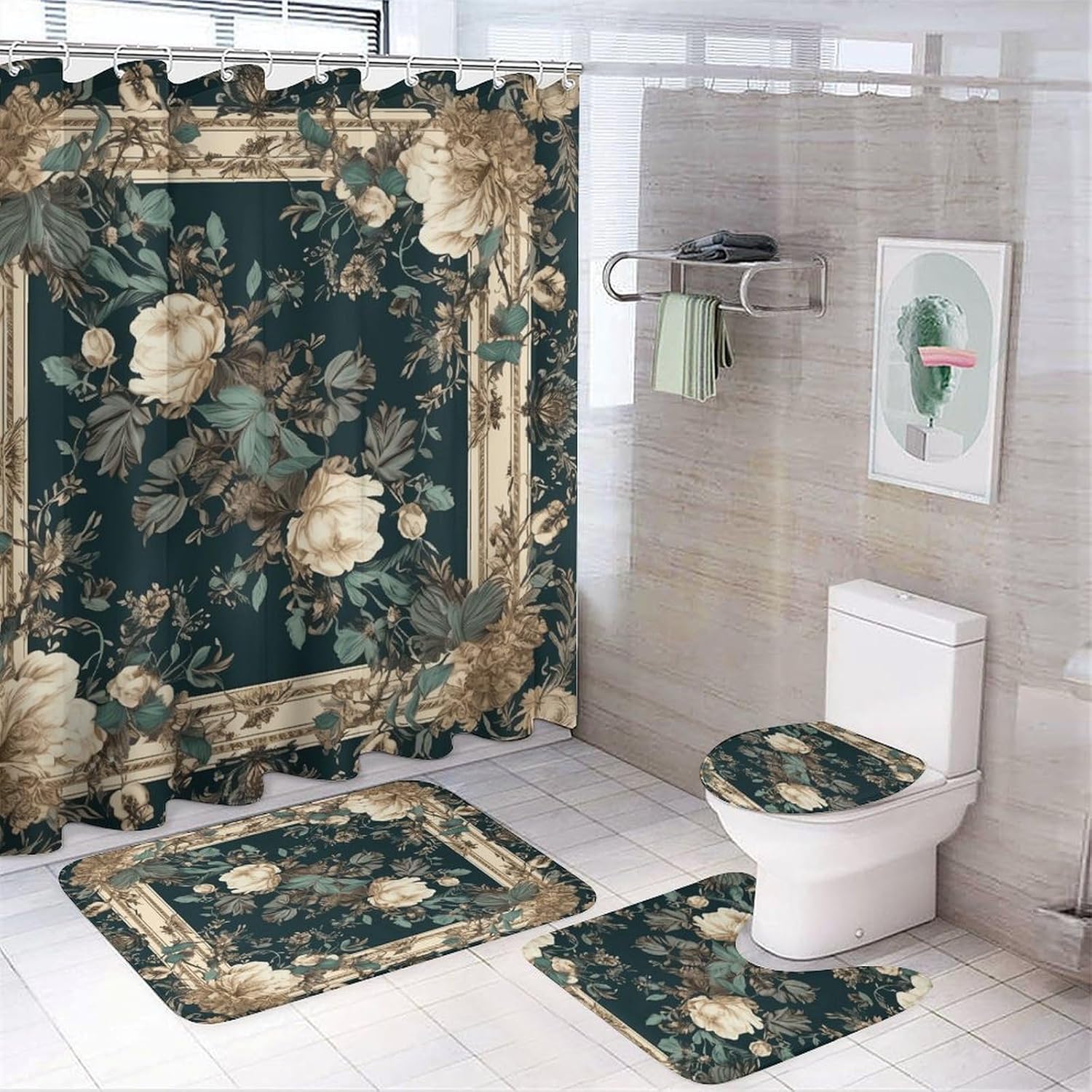 Flowers on Frame 4Pcs Shower Curtain Set with Non-Slip Rugs, Toilet Lid Cover and Bath Mat,Bathroom Set Decor Accessories,Curtain Set with 12 Hooks, 72 X 72 Inch