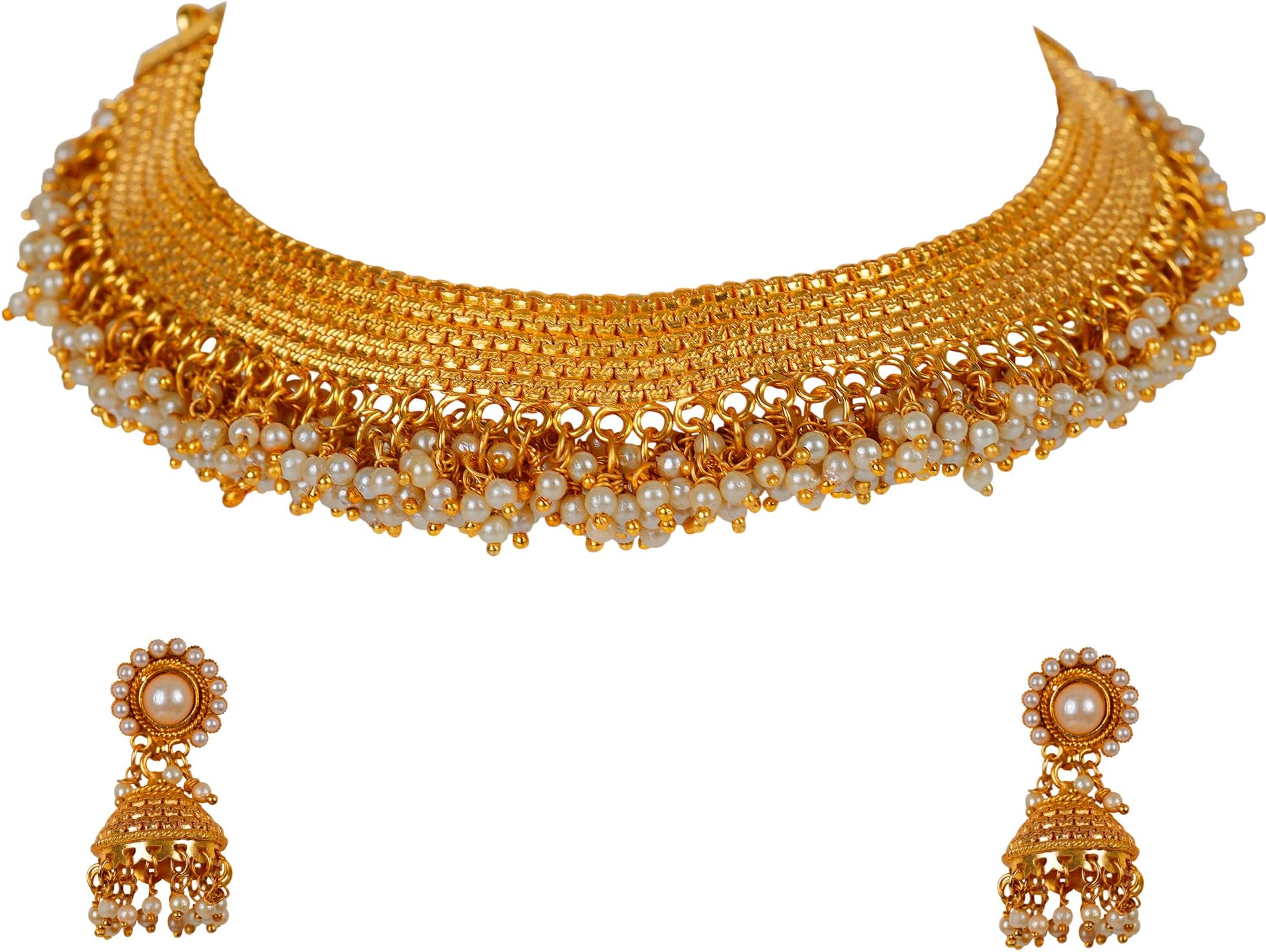 Kord StoreLatest Chokar Necklace with Light Weight Jhumki Earring 1 Gram Gold Plated Featuring Moti Bandhai South Concept for Women/Girl