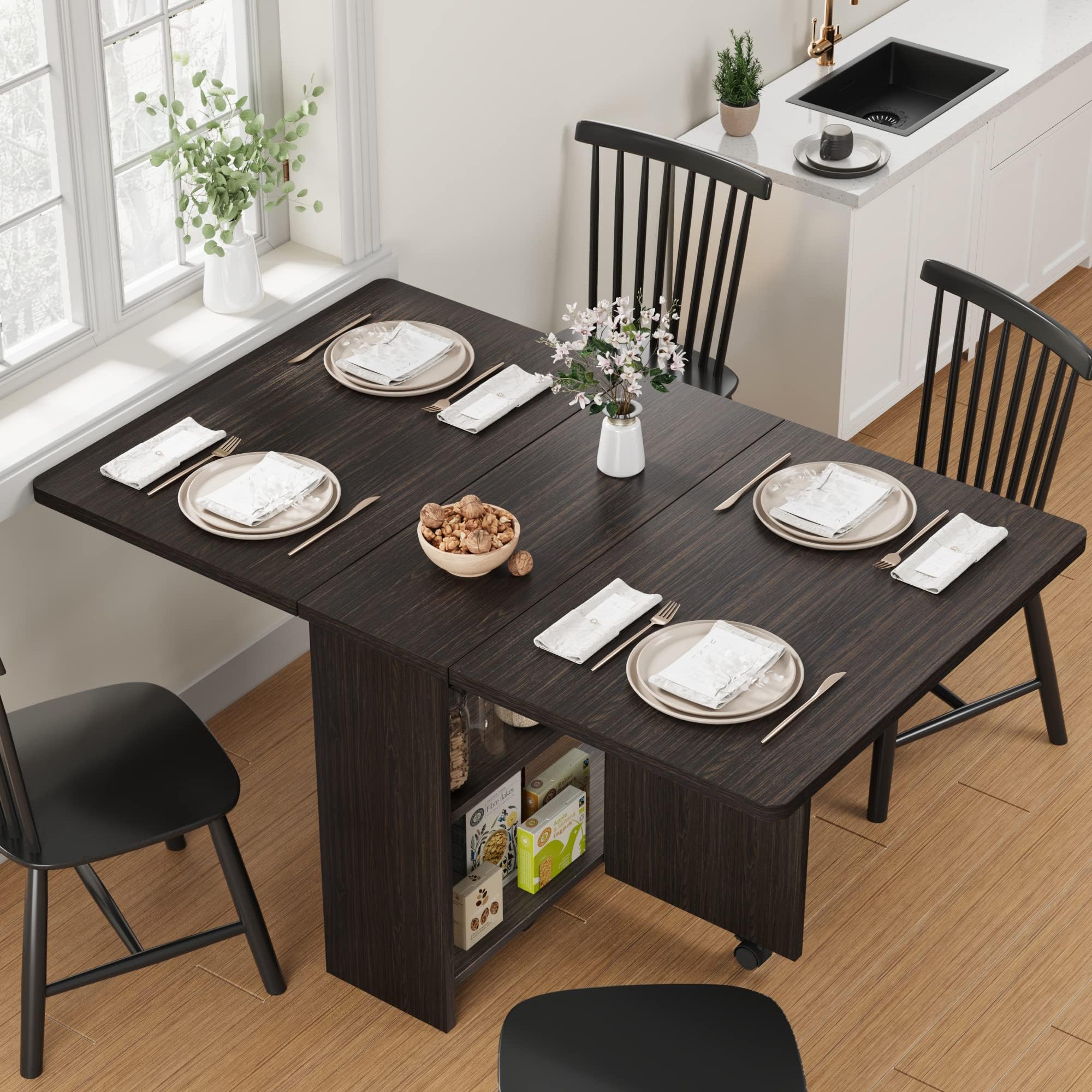 GarveeHome Folding Dining Table, Space Saving Farmhouse Dining Table for 4 Storage Shelf, 6 Wheels Multipose Expandable Kitchen Drop Leaf Table for Small Spac