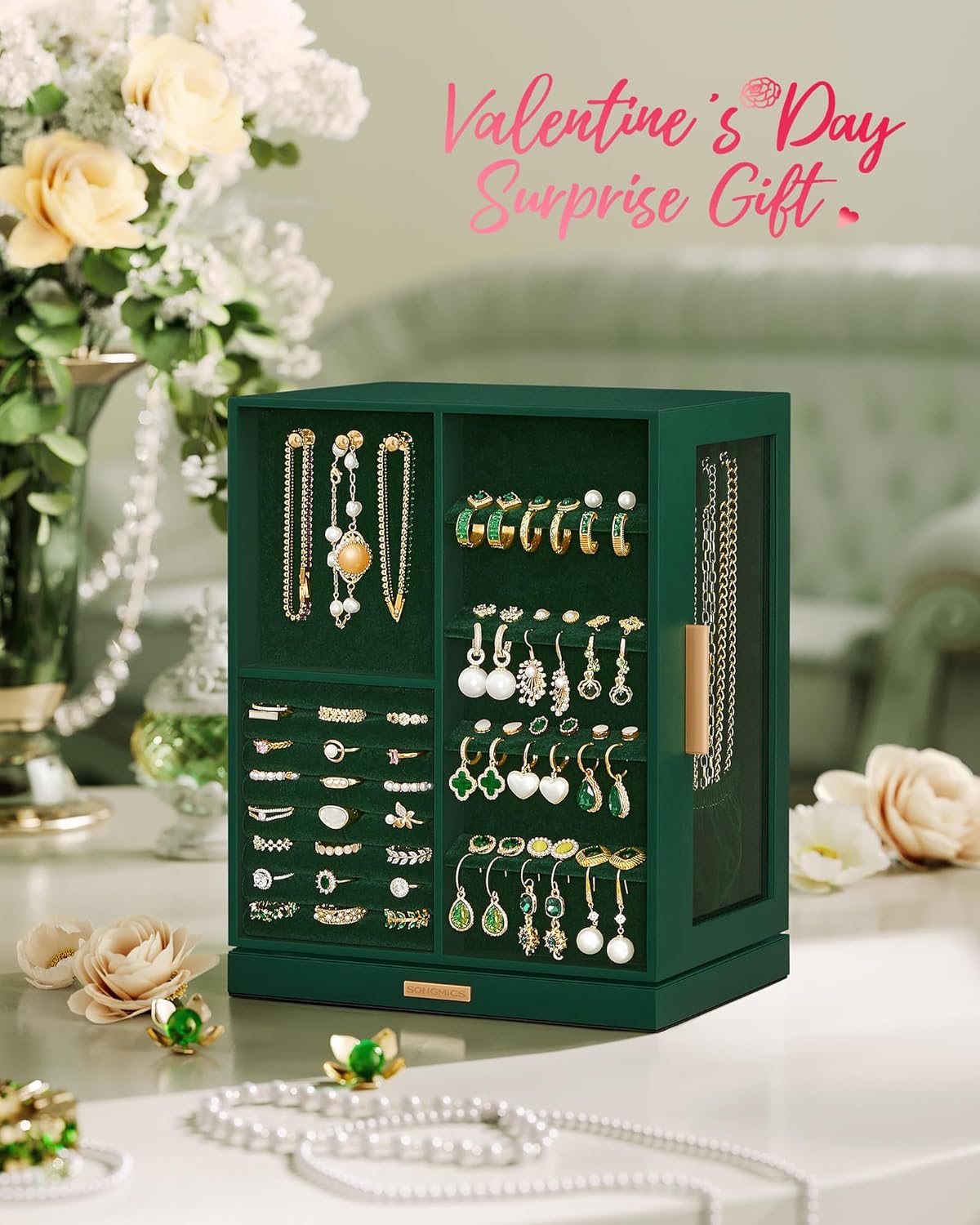 SONGMICS Jewelry Box 360° Rotating, Jewelry Storage Case with 5 Drawers, Jewelry Organizer, Glass Window, Spacious, Vertical Jewelry Storage, Open Design, Great Gift, Forest Green UJBC170C01 - Image 2