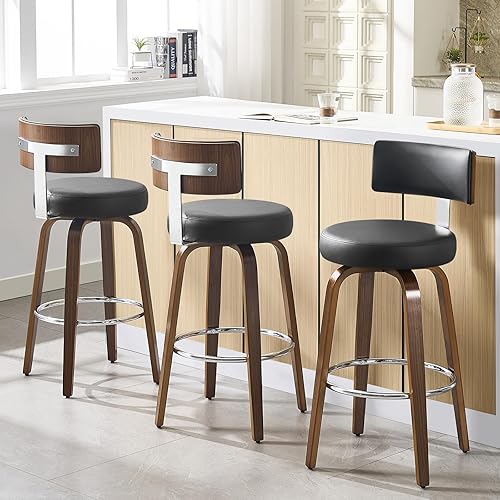 Bekrvio Swivel Counter Height Bar Stools Set of 3, Faux Leather Kitchen Stools Upholstered Barstools with Back, Walnut Wood Legs, Mid Century Island