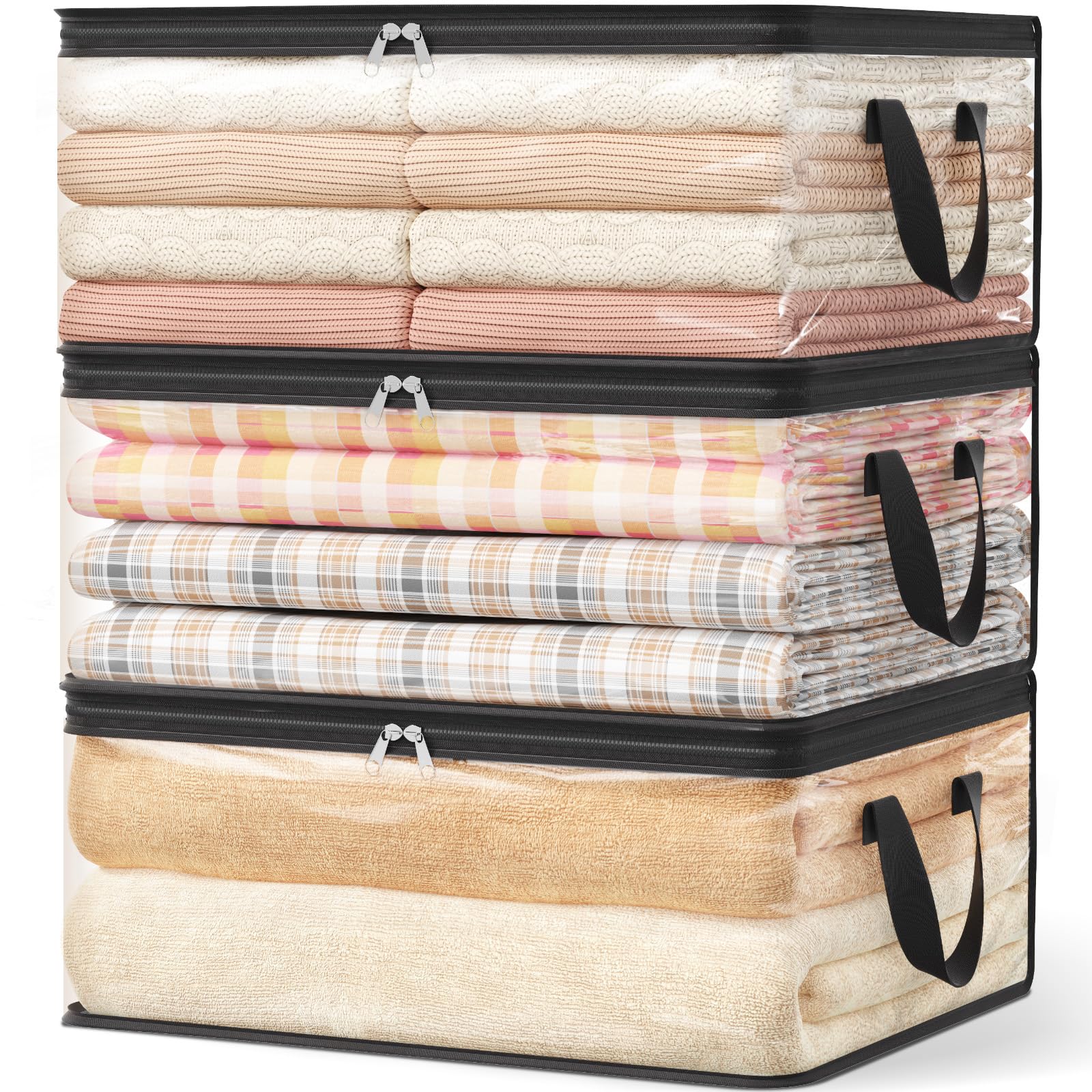 Lifewit 3 Pack Clear Clothes Storage Bags, 35L Plastic Vinyl Foldable Moving Bags with Zipper and Reinforced Handles, Closet Organizers and Storage Containers for Blanket, Sweaters, Coats, T-shirts