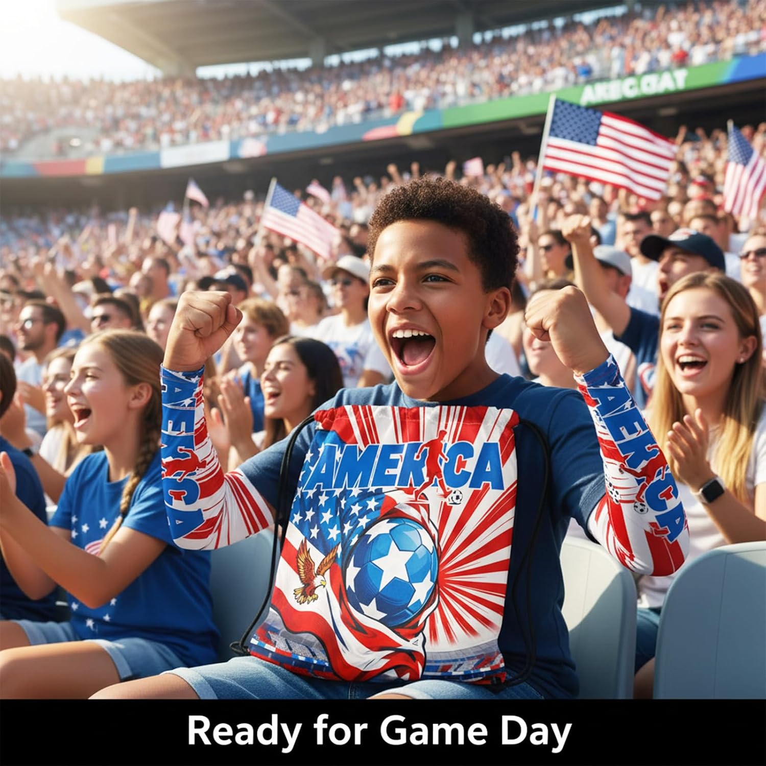 4PCS World Cup 4th of July American Soccer Drawstring Bag Compression Arm Sleeves for Men with American Flag Cape Patriotic Hats Sports Sleeves for Gym Drawstring Bags Independence Day