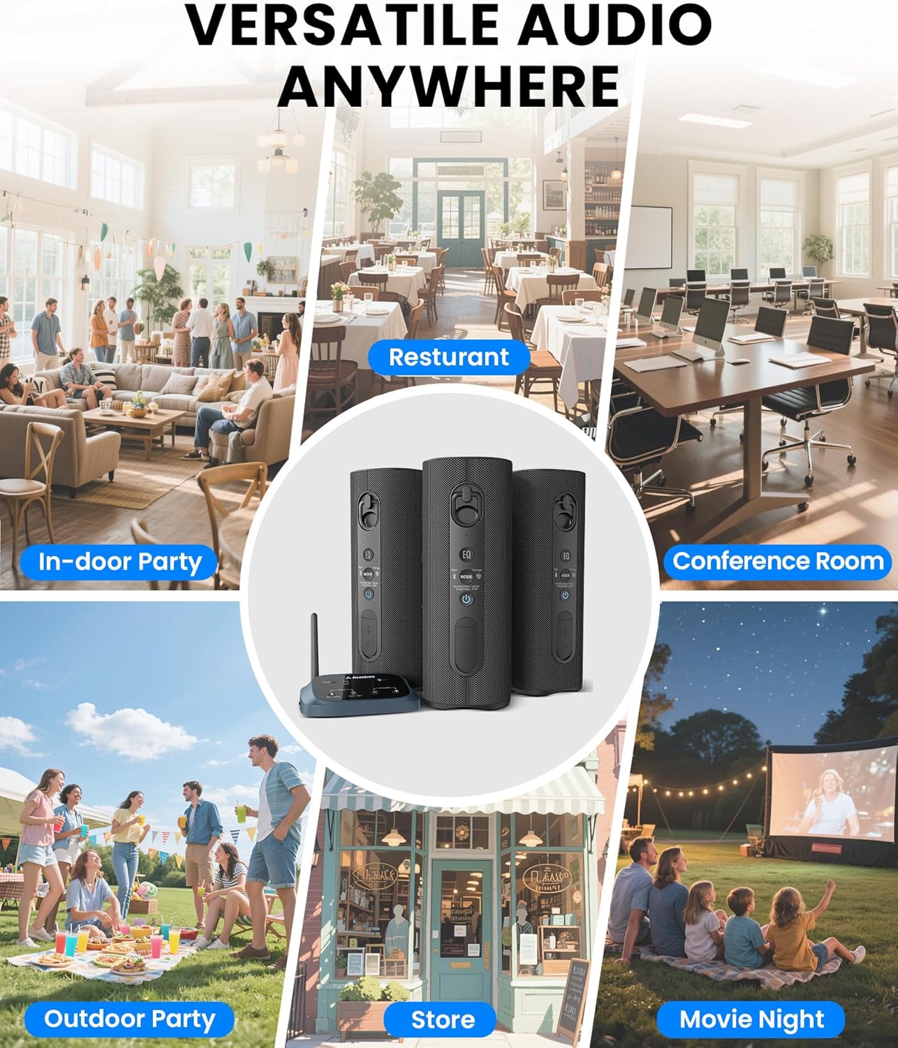 Avantree Harmony A1 – Auracast Multi-Room Wireless Speaker with 100 m Coverage, 3 EQ Stereo Sound, Expandable System, Easy Setup, Bluetooth/Opt/AUX Input for Music, Parties & House Gatherings - Image 2