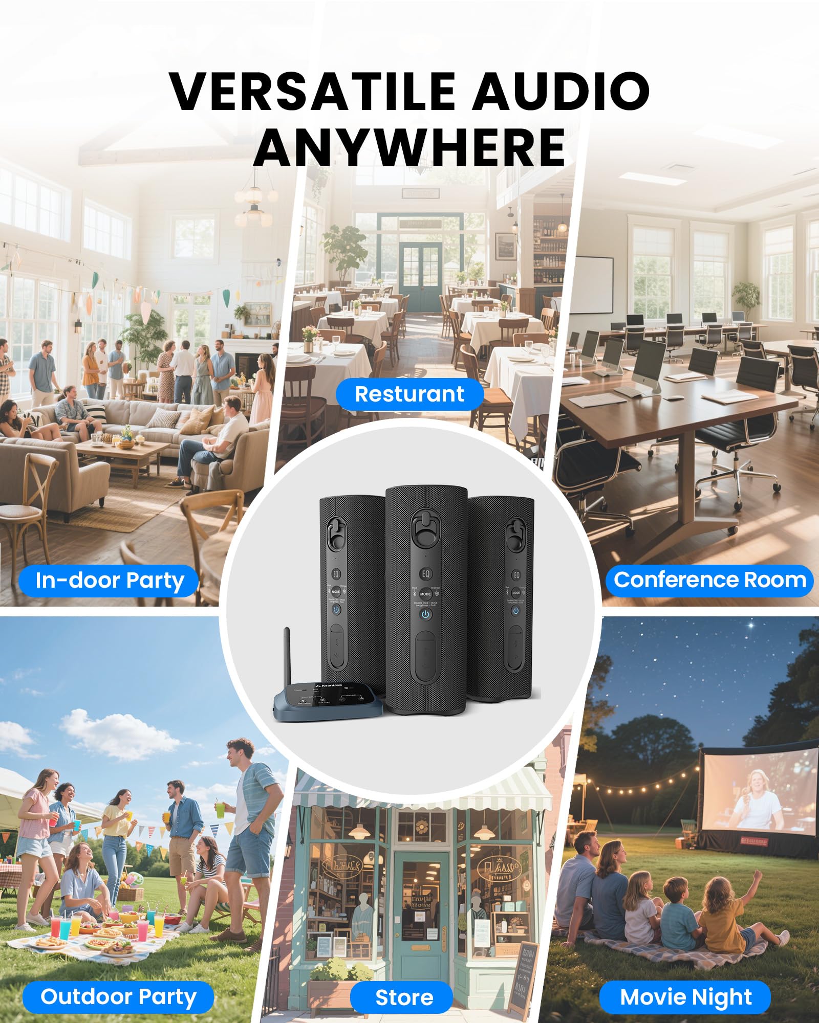 Avantree Harmony A1 – Sistema di altoparlanti wireless multi-room Auracast per musica, feste e riunioni in casa, 1 trasmettitore con 10 altoparlanti Bluetooth Auracast
