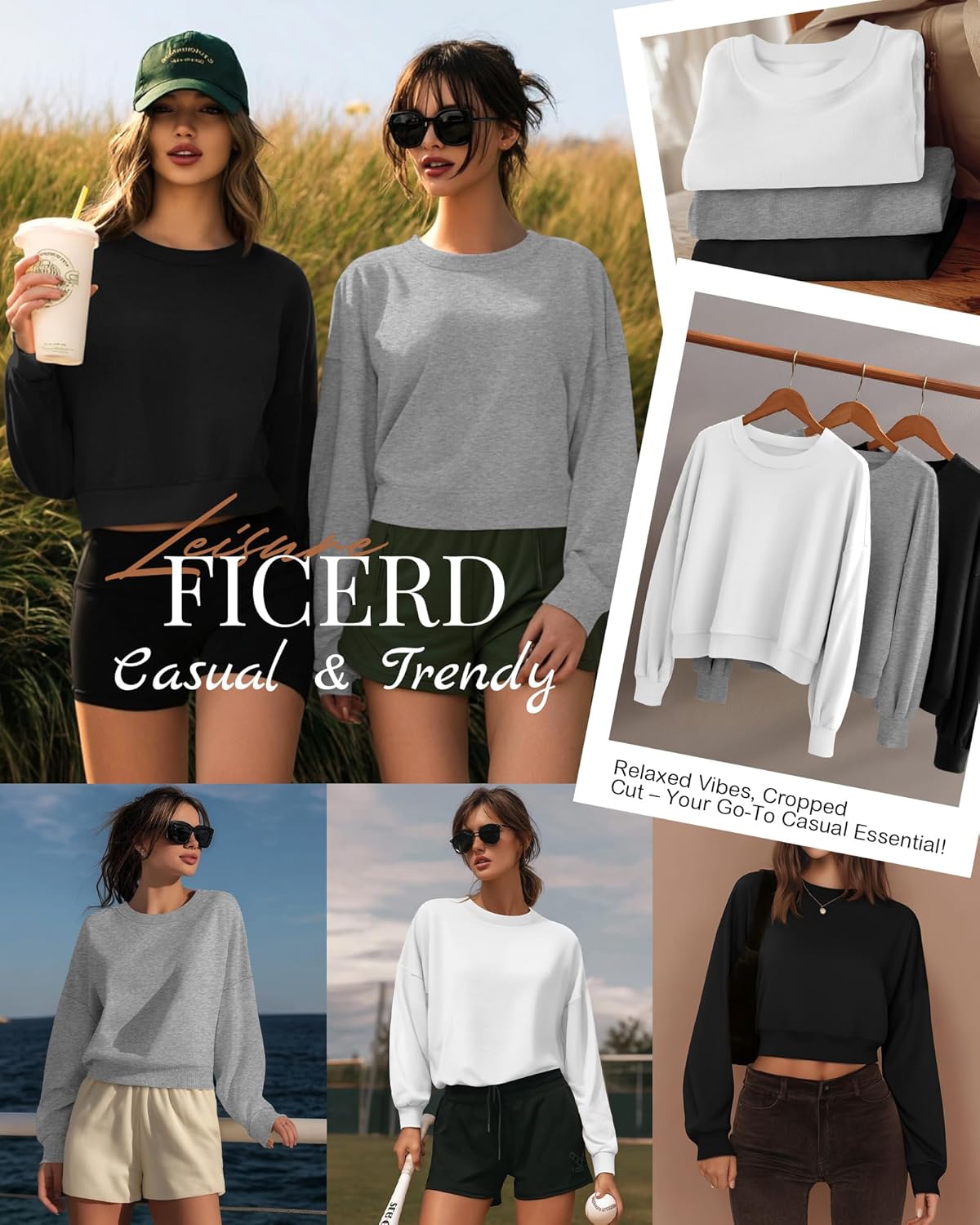 Ficerd 3 Pack Women's Cropped Sweatshirts Long Sleeve Cotton Crew Neck Pullover Tops Casual Solid Sweat Shirts