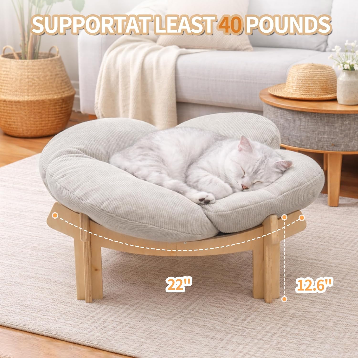 Elevated Wooden Cat Bed with Fluffy Removable Cushion, Modern Petal Shaped Cat Couch Sofa for Indoor Cats Small Dogs 40lbs Capacity Easy to Assemble (White)