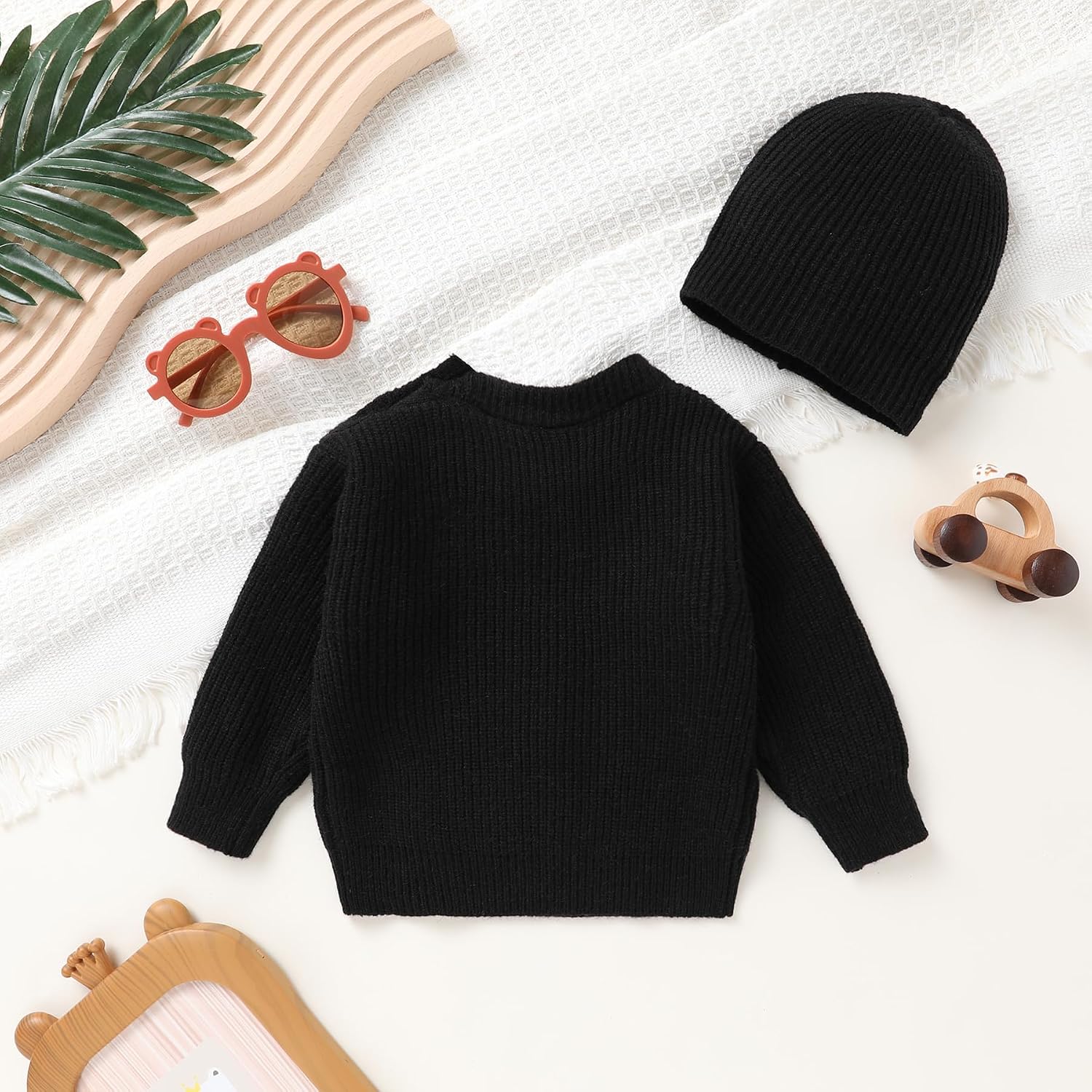 YOUNGER TREE Toddler Baby Boy Girl Sweater Warm Crewneck Pullover Knit Long Sleeve Tops with Hat Fall Winter Clothes(Black 3-4T)