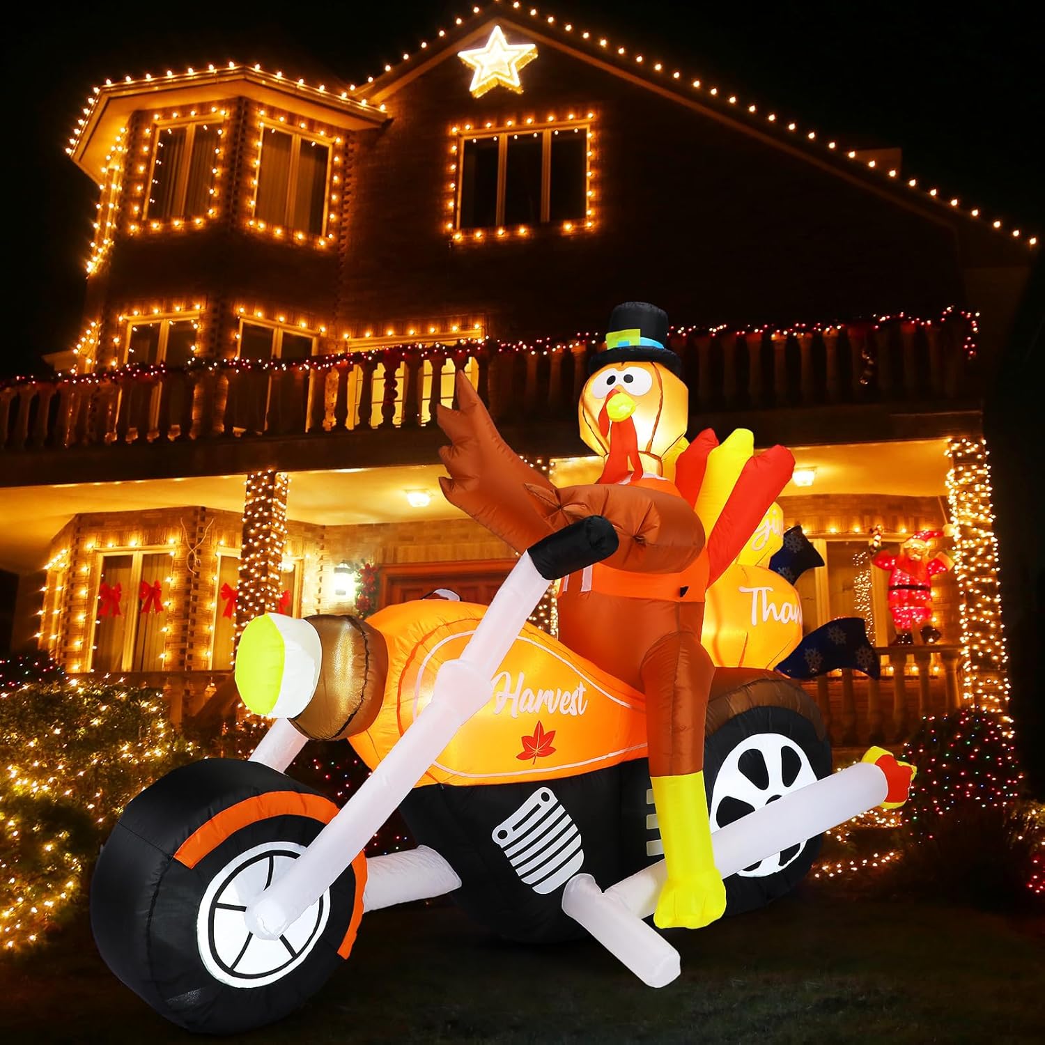 Leyndo 7 Feet Thanksgiving Inflatables Turkey Riding Motorcycle Decoration Outdoor Turkey Blow up Yard Decoration with LED Light for Fall Thanksgiving Party Indoor Outdoor Yard Garden Lawn Decor
