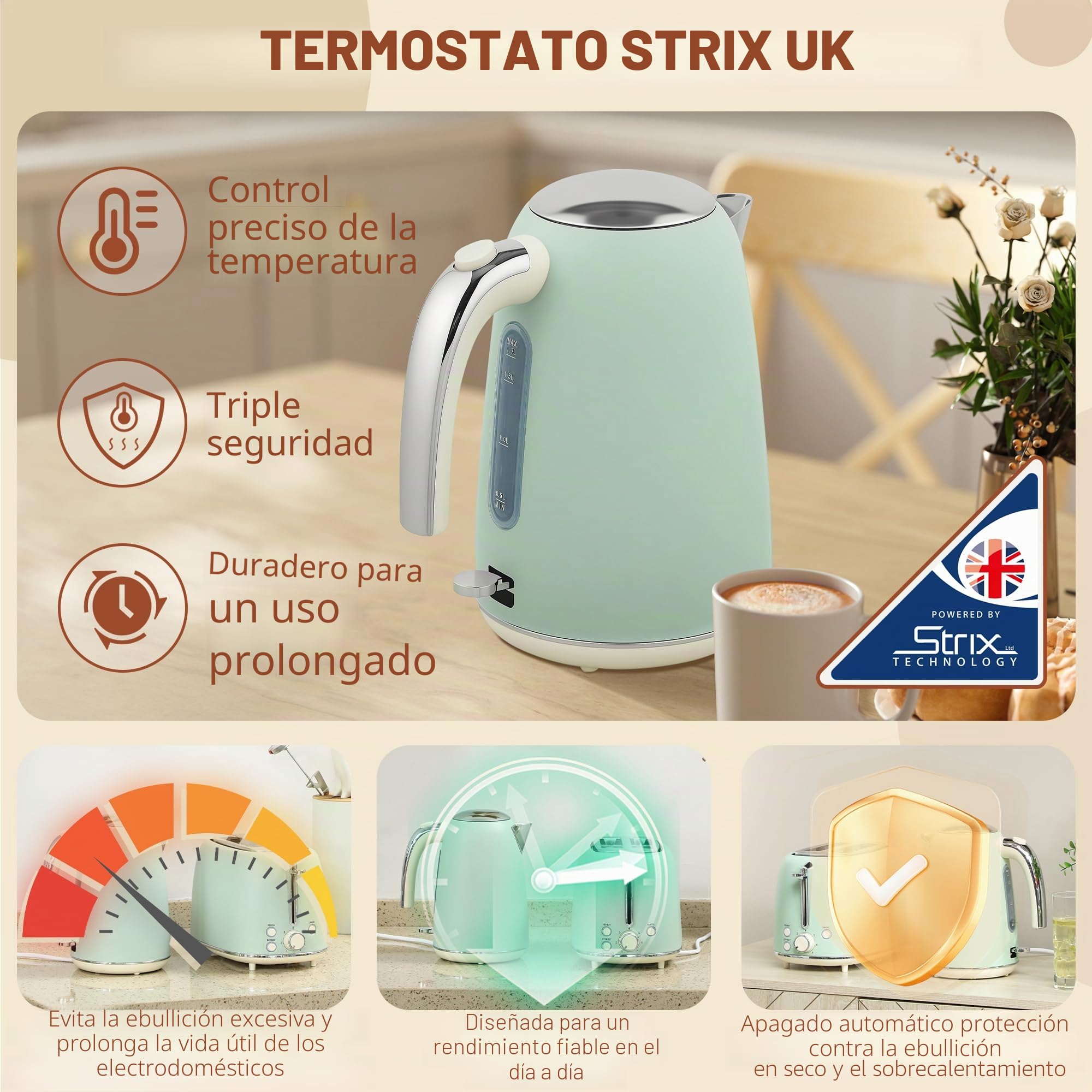 HOMCOM Set de Hervidor y Tostadora Acero Inoxidable 2200W 1.7L Verde | 2 Rebanadas, 7 Niveles de Tostado, Calentamiento Rápido, Termostato Strix, Filtro Anti-Cal, Bandeja de Migas