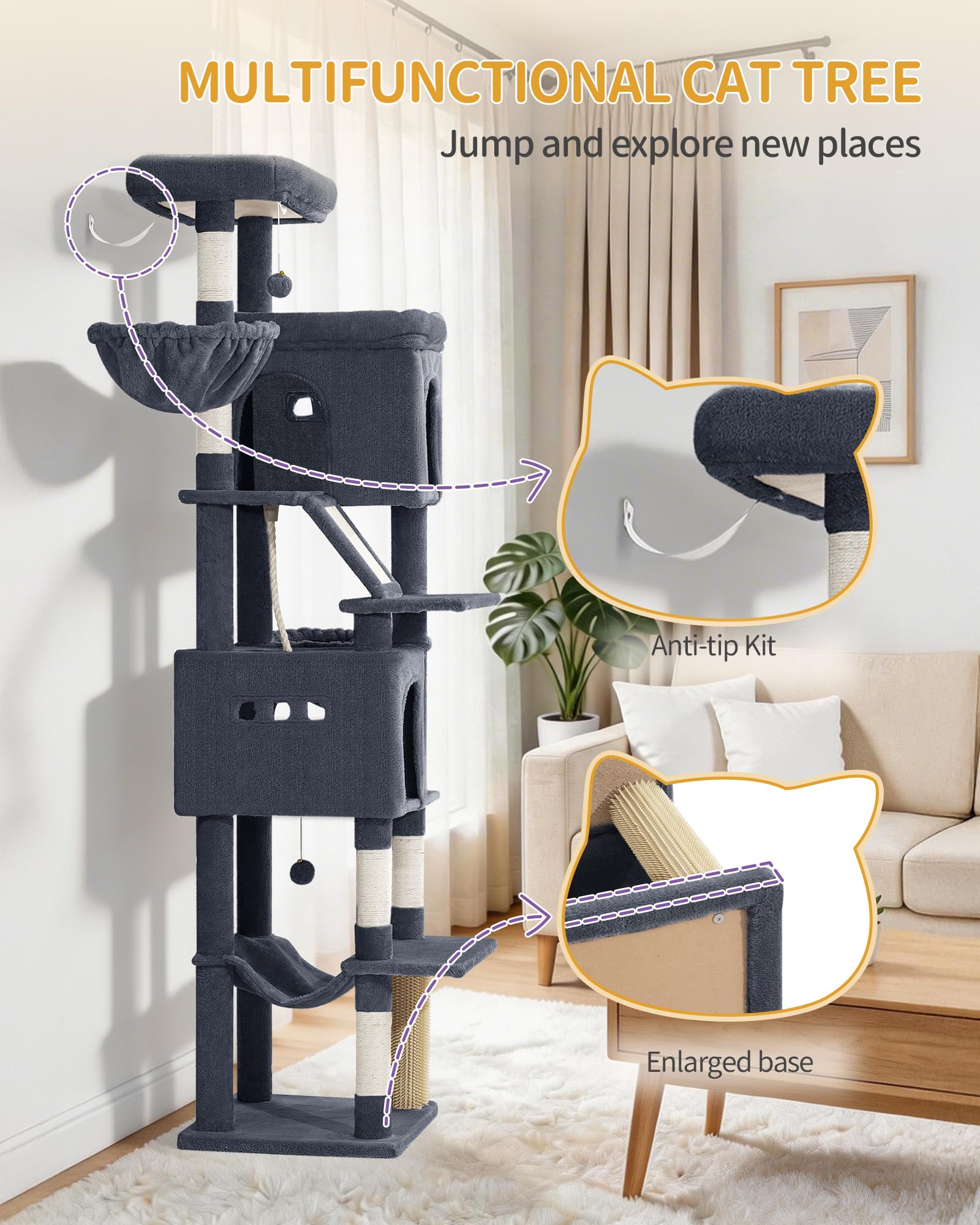 Hzuaneri Árbol para Gatos Grande, Torre para Gatos de Interior 213 cm con 2 Plataformas Grandes, 2 Cuevas, 2 Cestas, Hamaca y 5 Postes Rascadores, para Todas Las Razas, Gris Oscuro, MS21318SG