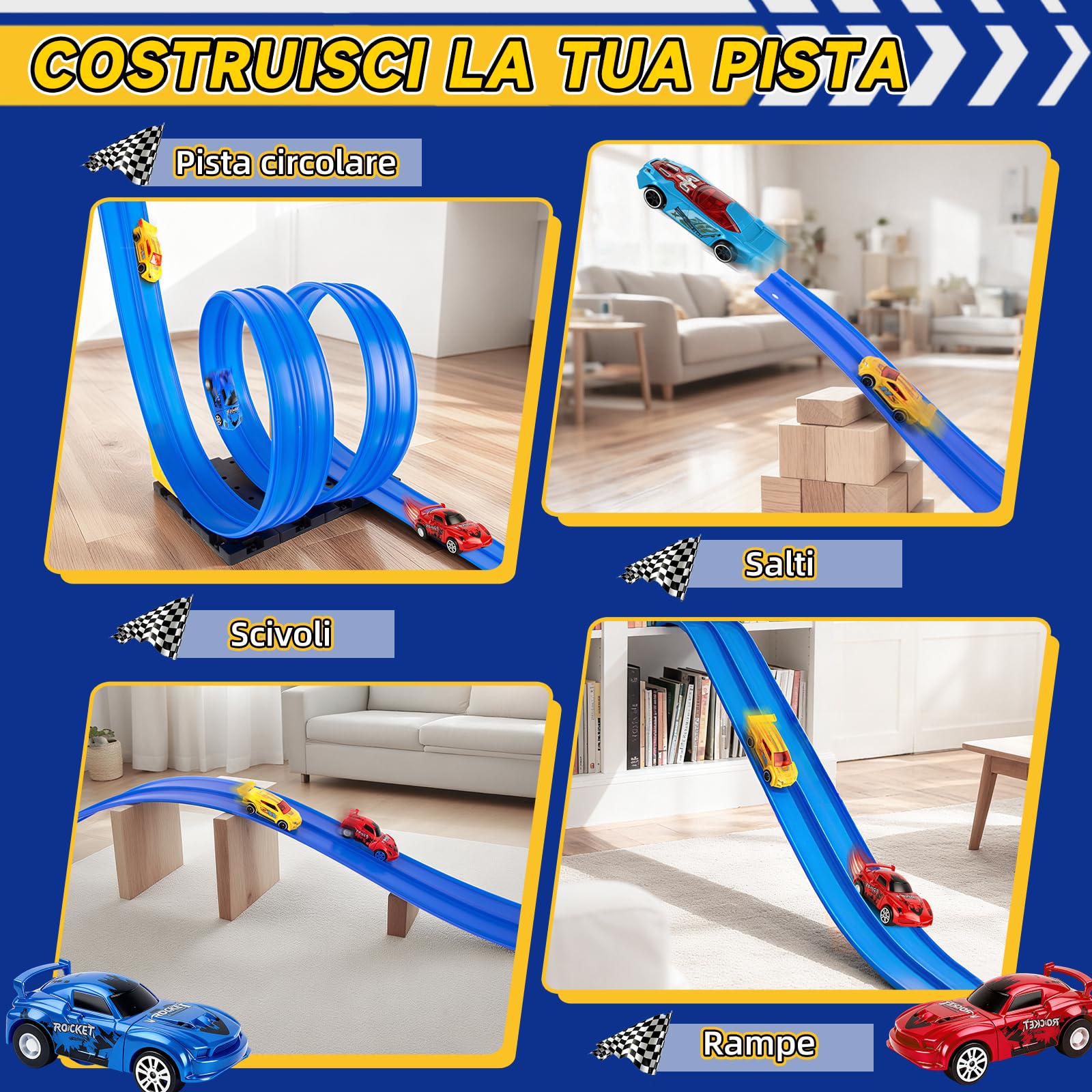 Charmofun Pista Macchinine Flessibile 5M, Giocattolo Piste da Corsa con 4 Auto, Borsa con 4 auto, 2 lanciatori, 8 rampe triangolari e 8 ventose, Portatile Pista per Bambini 3+ Anni (Blu)